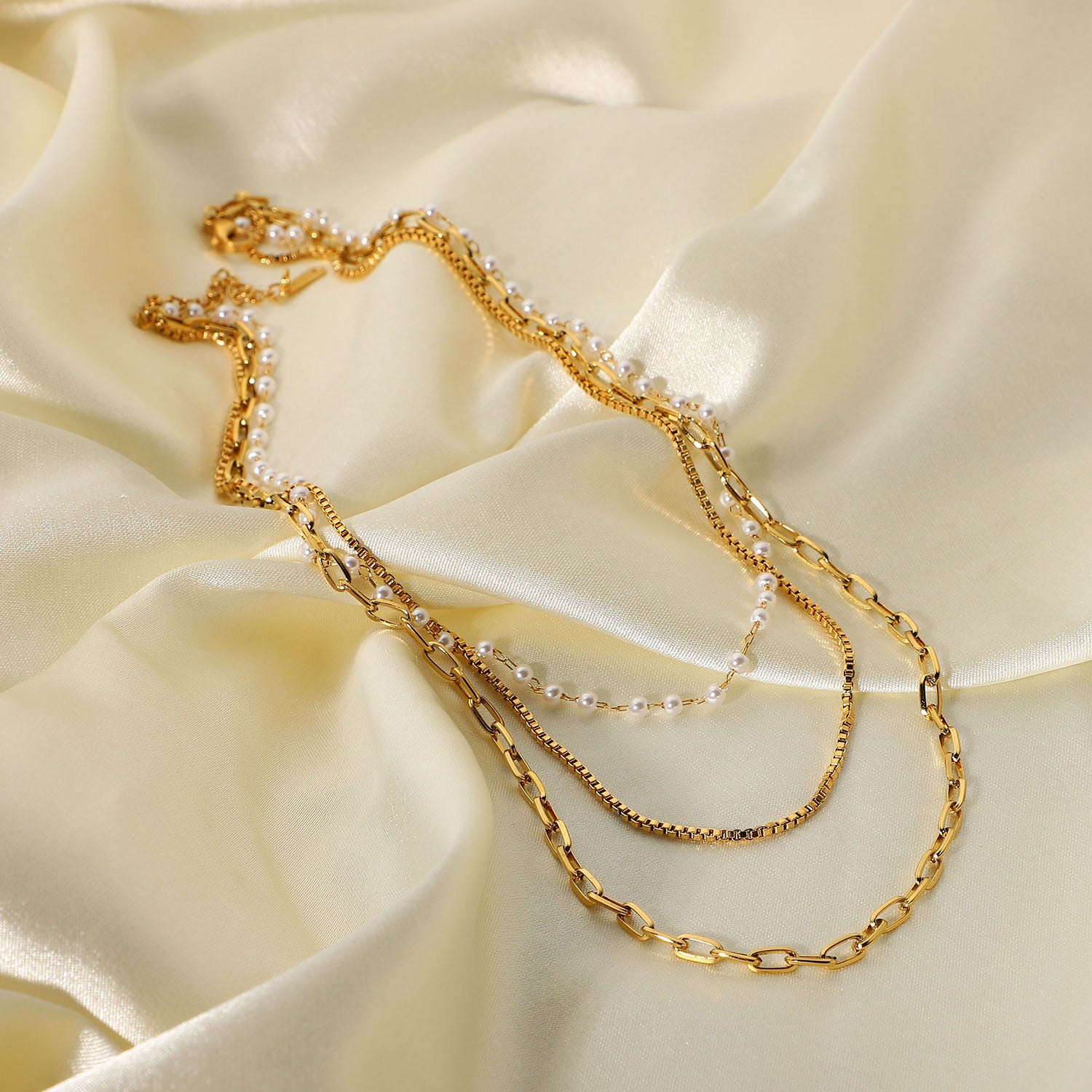 18K Gold Multi Layer Box Chain Necklace with Pearl Beads - Elegant Layered Jewelry for Women | Perfect for Weddings, Parties & Special Occasions | JDN20667