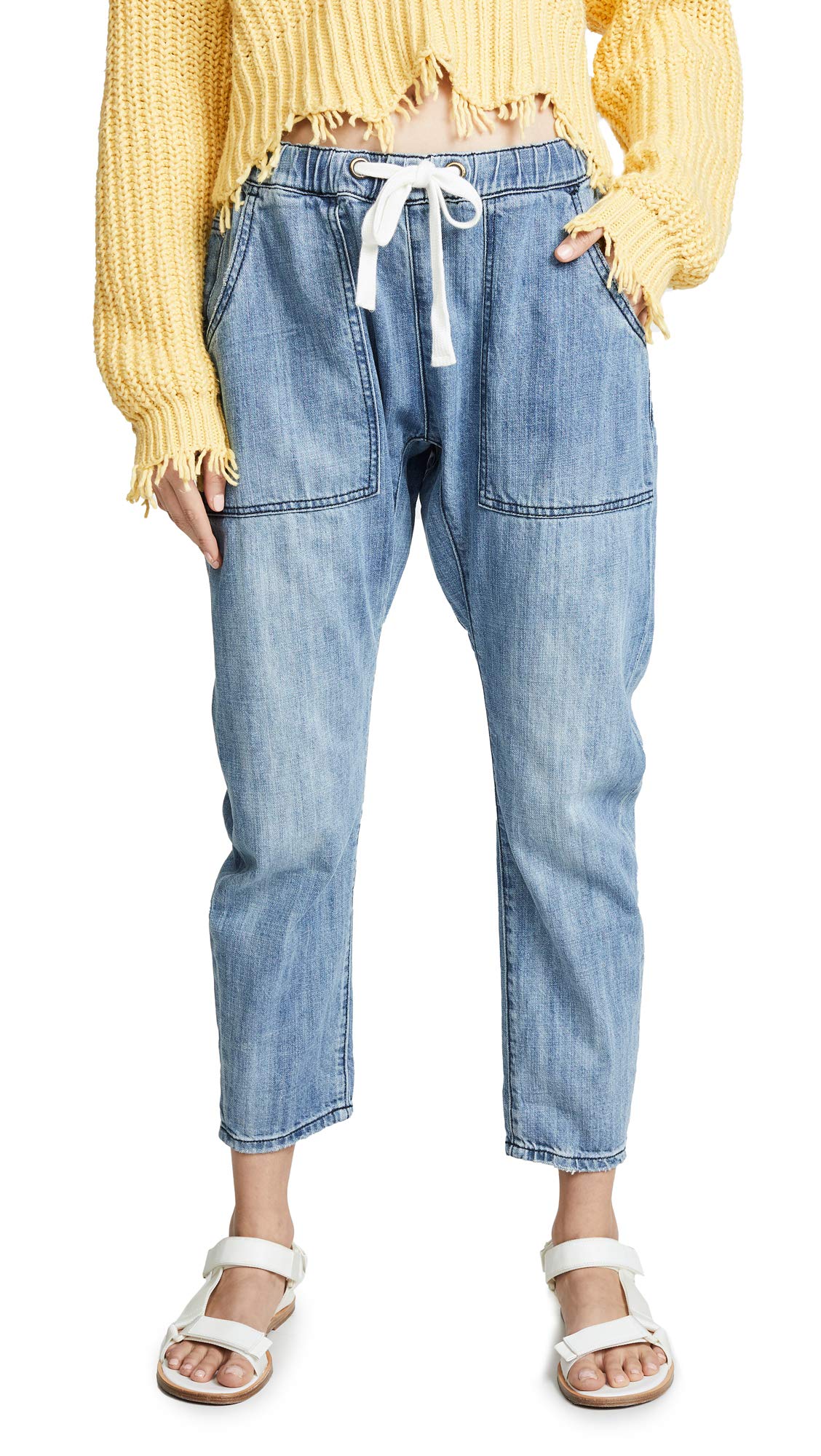 One Teaspoon Women's Shabbies Drawstring Boyfriend Jeans - High Waisted Distressed Denim Pants for Casual Outfits & Streetwear Fashion