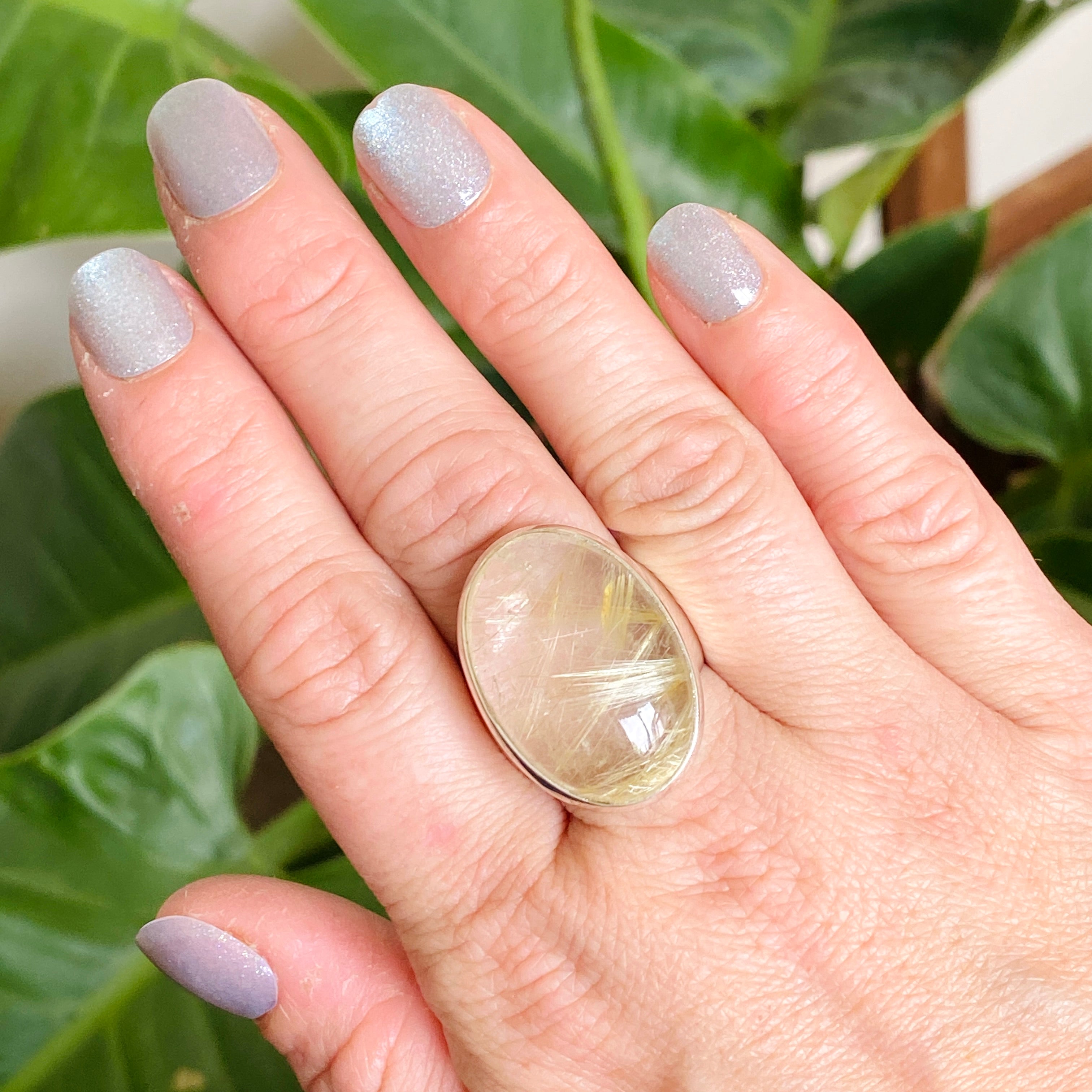 Rutilated Quartz Oval Cabochon Ring - Size 10 - 925 Sterling Silver - Handmade Boho Jewelry - Perfect for Meditation, Energy Healing & Spiritual Gifts