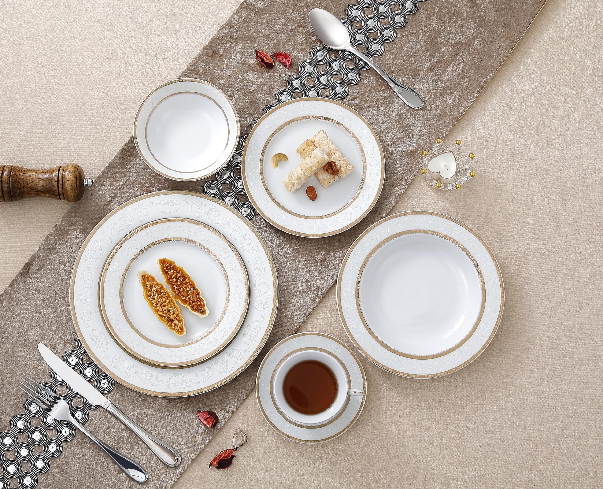 Lorenzo Amelia 57-Piece Dinnerware Set - Service for 8 - Porcelain Dish Set for Formal Dining, Entertaining & Everyday Use - Elegant Tableware for Restaurants, Weddings & Family Gatherings
