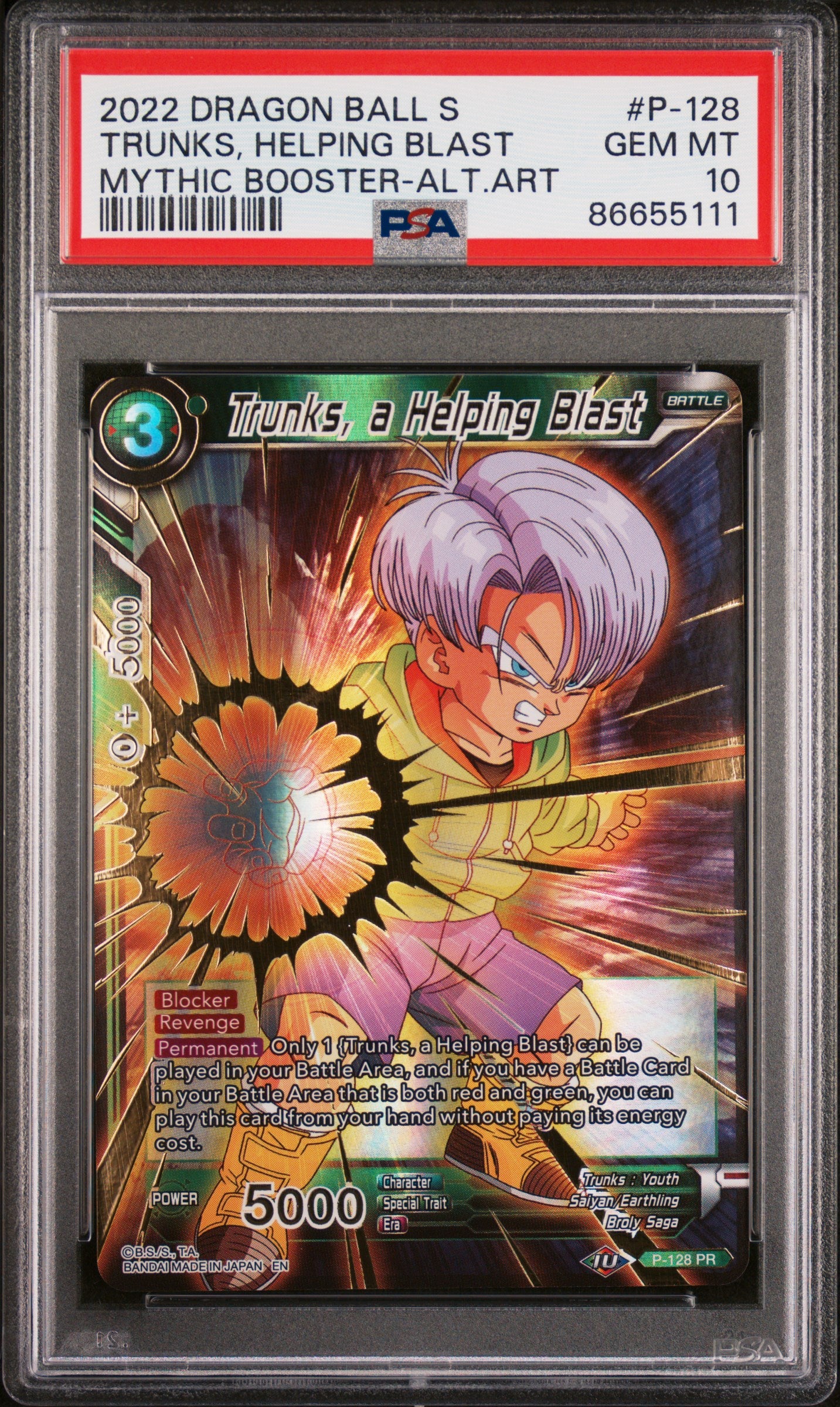 2022 Dragon Ball Super Mythic Booster Trunks Helping Blast #P128 PSA 10 Graded Card - Perfect for Collectors, Anime Fans & Tournament Play