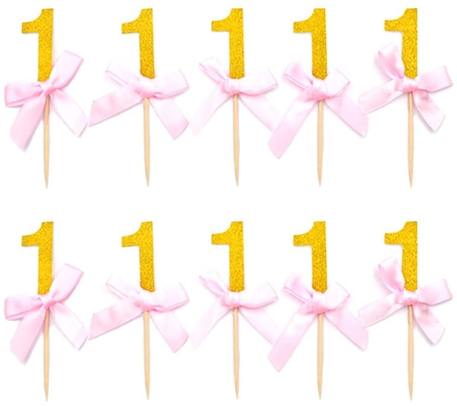 1st Birthday Cupcake Toppers - 20PCS Gold Glitter Cake Decorations with Pink Ribbon Bows for Baby Showers, Kids' Parties & DIY Home Theme Celebrations | Perfect for Cupcakes, Fruit Cakes & Dessert Displays