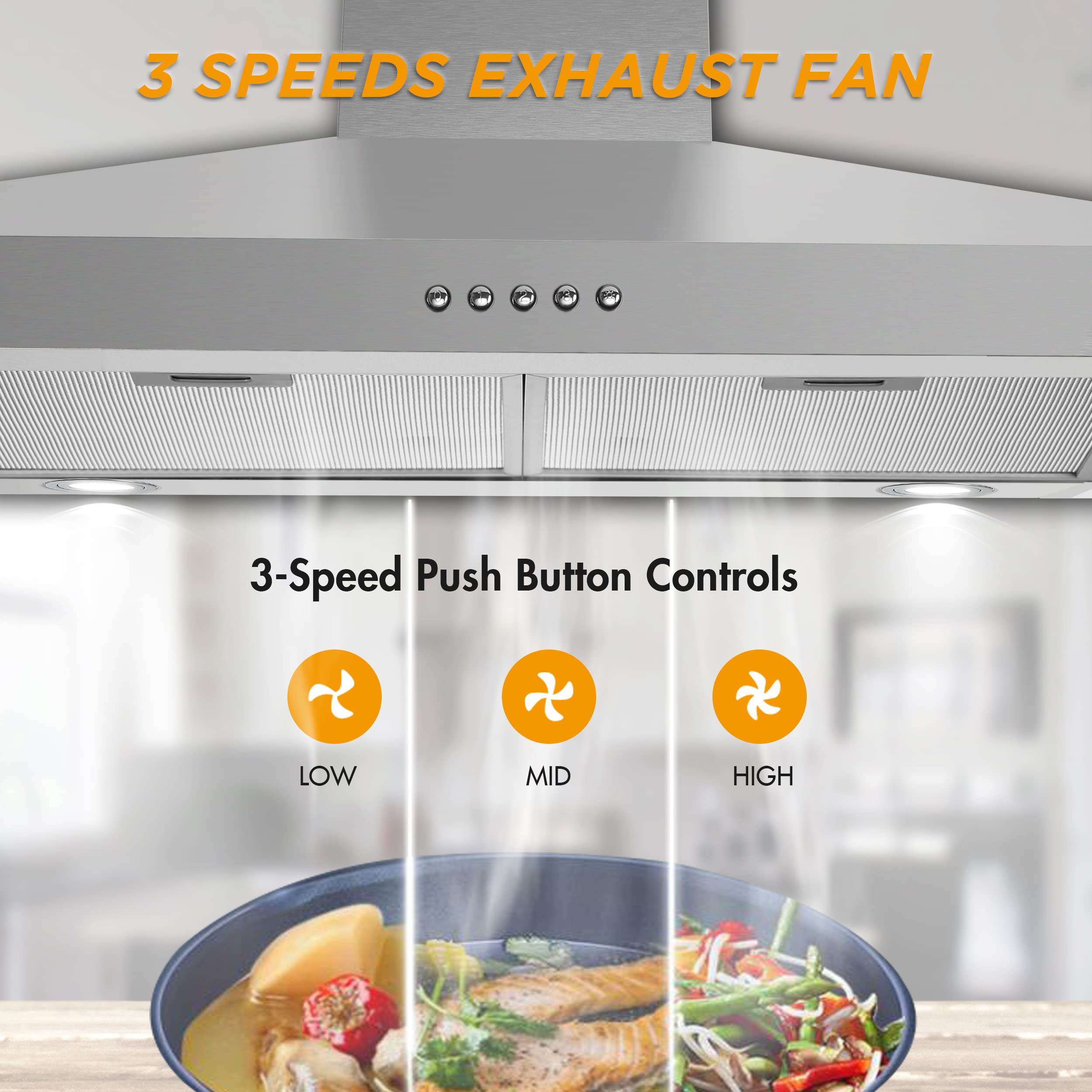 FIREGAS 30-inch Wall Mount Range Hood - 400 CFM Stainless Steel Kitchen Vent Hood with 3-Speed Exhaust Fan | Ducted/Ductless Convertible Design, LED Lights & Push Button Controls | Includes Charcoal Filters - Perfect for Modern Kitchens & Home Renovations