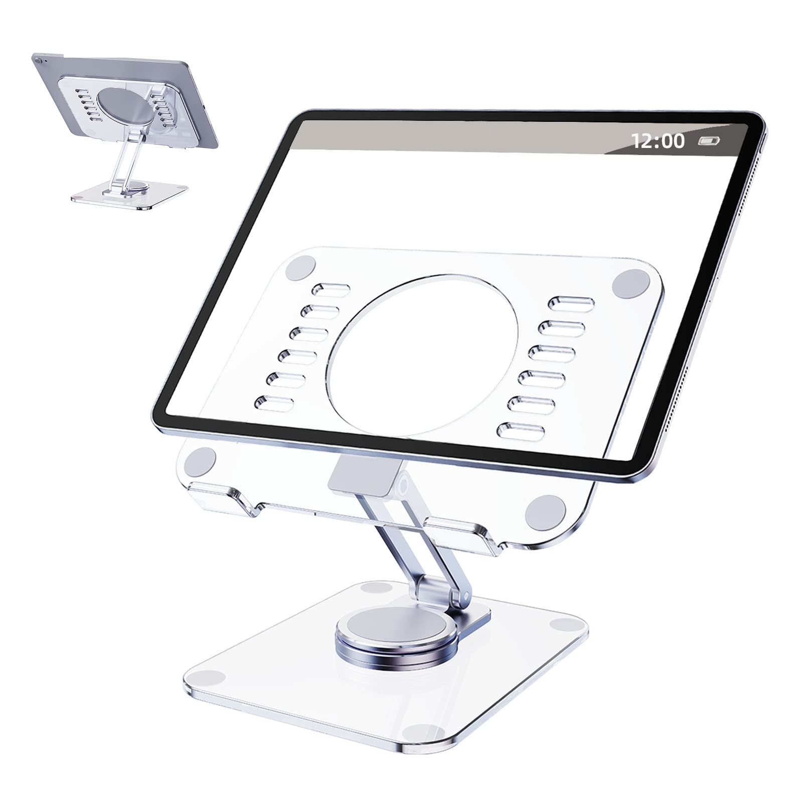 360° Rotating Adjustable Acrylic Tablet Stand - Foldable Clear Holder for iPad Pro/Air/Mini, Kindle, Surface Pro, Galaxy Tab & Phones (4-13 Inch) | Perfect for Home Office, Bedroom & Travel Use