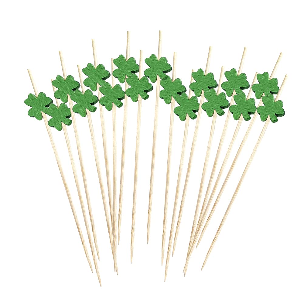 100 Pcs Green Shamrock Cocktail Picks - Clover Fruit Sticks for Appetizers, Sandwiches, Charcuterie & BBQ Skewers - Perfect for St. Patrick's Day, Party Decor & Food Presentation
