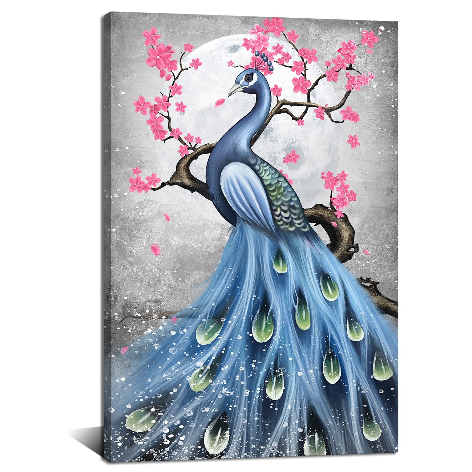 Peacock & Cherry Blossom Canvas Wall Art - Modern Grey Blue Framed Painting 24x36 Inch - Ready to Hang Home Decor for Living Room, Bedroom & Office - Perfect for Bohemian & Contemporary Interior Design