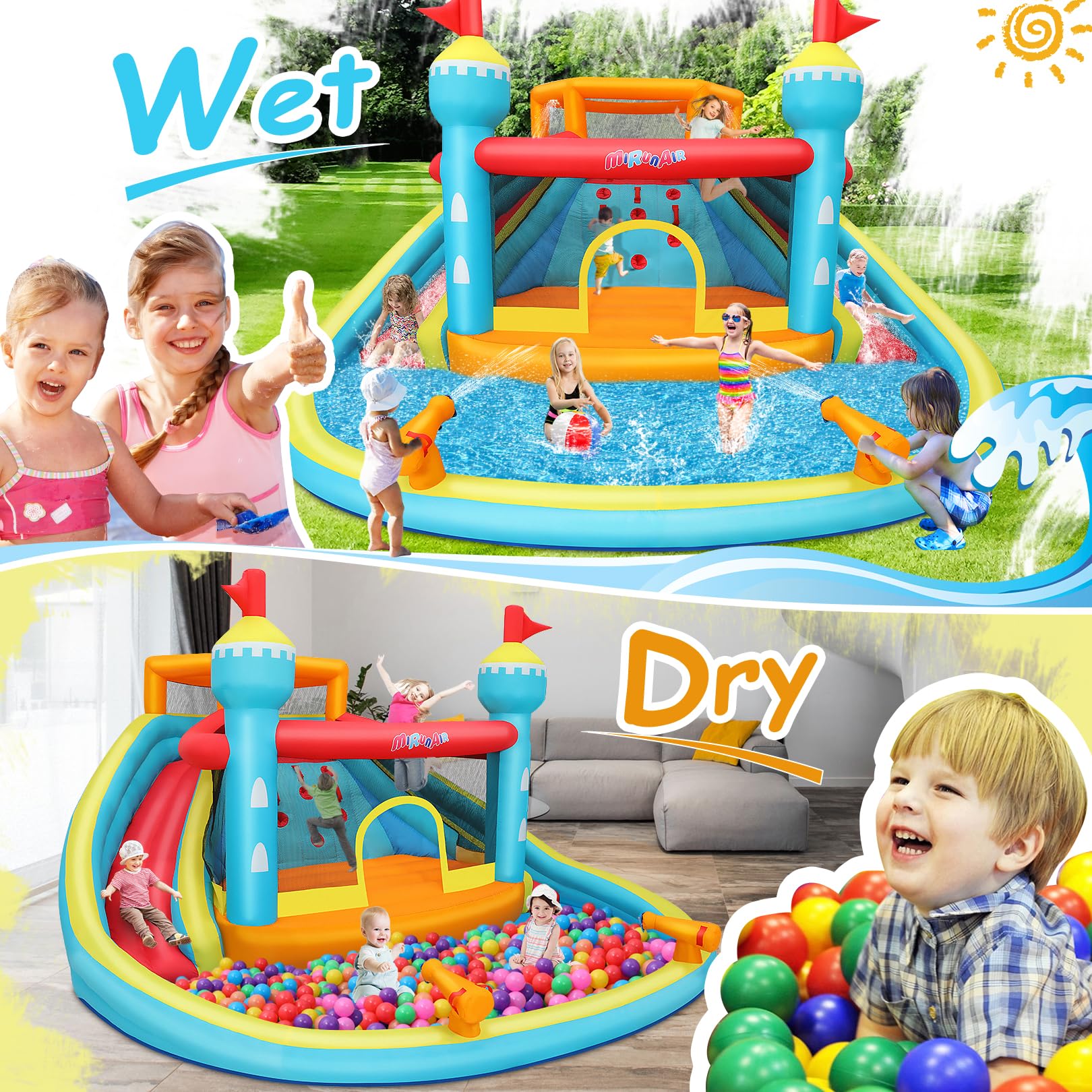 10-in-1 Inflatable Water Slide Park with Splash Pool, Jump Area, Climbing Wall & Water Cannons - 520W Blower Included | Perfect for Backyard Summer Fun, Kids Birthday Parties & Outdoor Water Play (Blue-Orange)