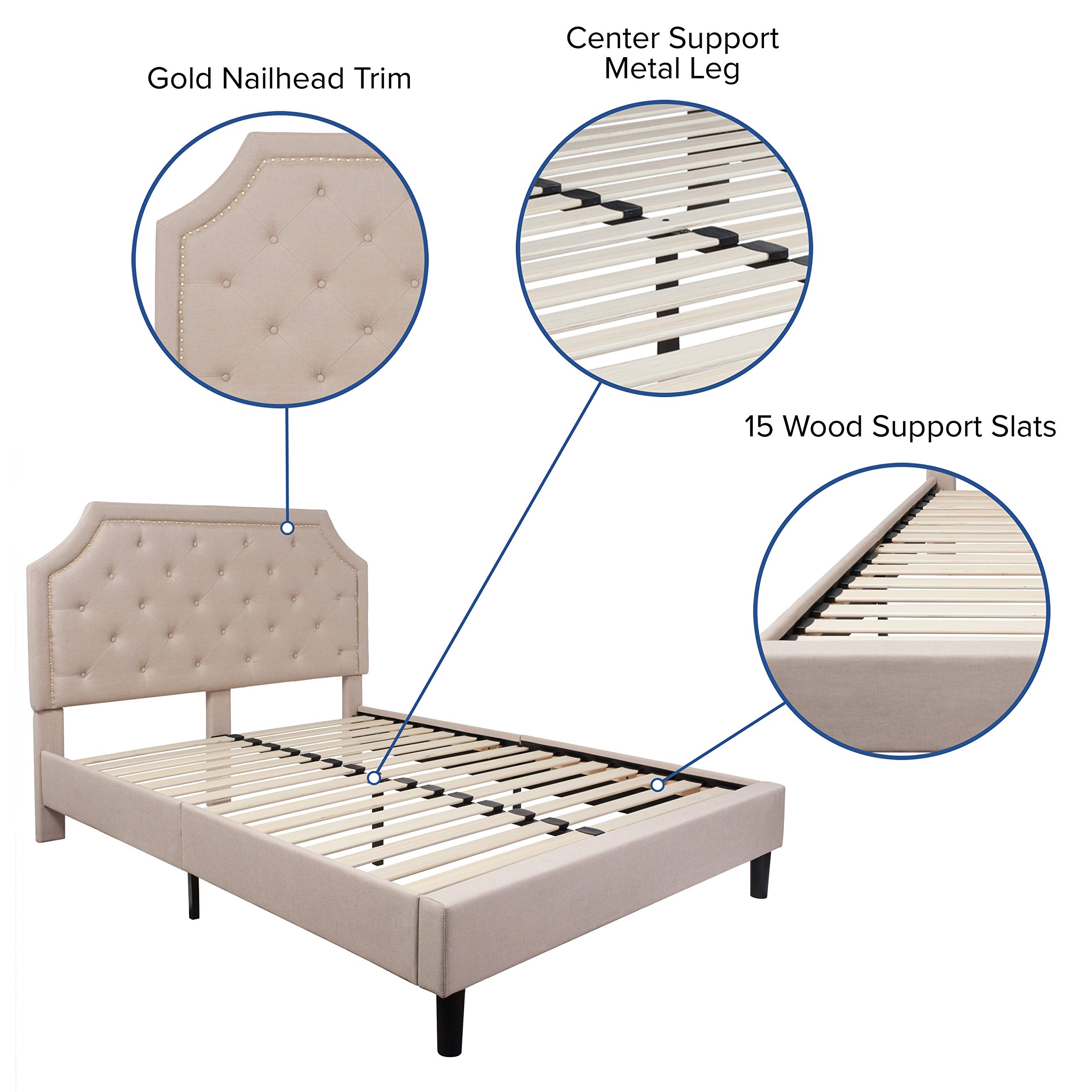 Queen Size Arched Tufted Upholstered Platform Bed Frame - Beige Fabric Upholstery Headboard with Wooden Slat Support | Perfect for Master Bedroom, Guest Room & Apartment Decor