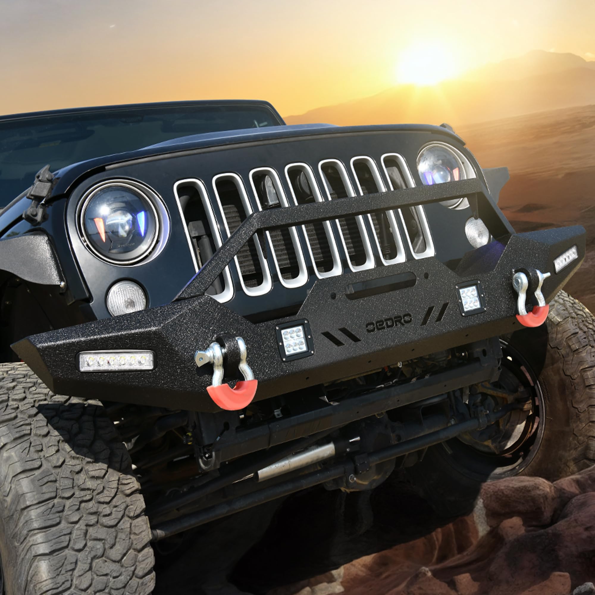 OEDRO Heavy Duty Front Bumper with Winch Plate & LED Lights for 2007-2018 Jeep Wrangler JK & Unlimited - Rock Crawler Off-Road Bumper with D-Rings for Trail Riding, Overlanding & 4x4 Adventures