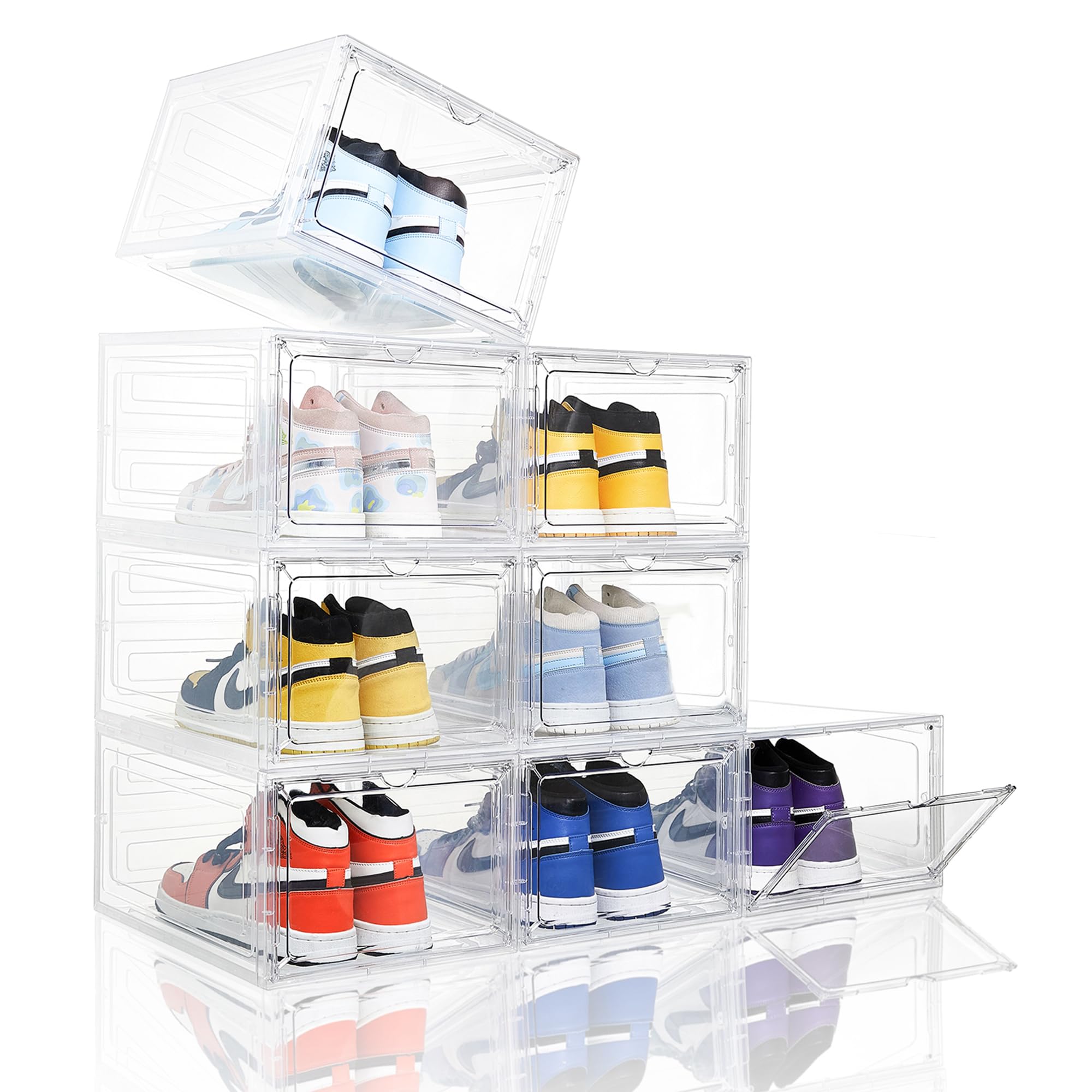 Clear Plastic Stackable Shoe Storage Boxes with Magnetic Door - 8 Pack Thick Sturdy Drop Front Shoe Organizer for Sneakers Display - Easy Assembly Extra Large White - Perfect for Closet Organization & Sneaker Collection Display
