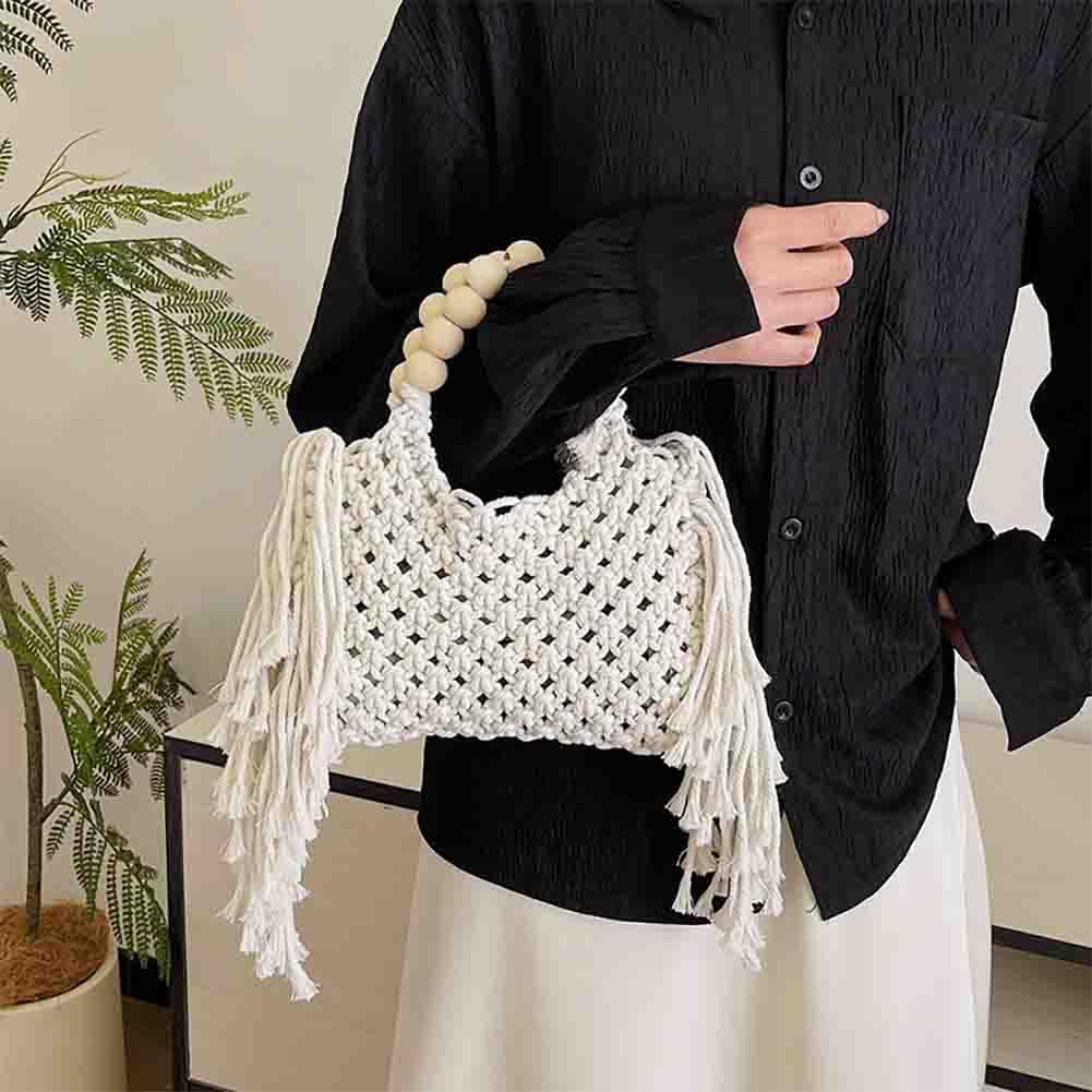 Handwoven Cotton Rope Tassel Beach Bag with Wooden Beads - Bohemian Crochet Straw Tote Purse for Women | Perfect for Summer Vacations, Beach Trips, and Boho Fashion Accessories