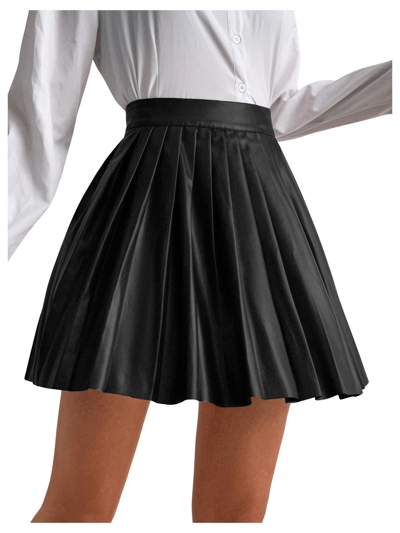 SOLY HUX Women's High Waisted Pleated Skirt - PU Leather Mini Skirt for Women, Stretchy Comfort Fit, Trendy A-Line Design for Casual Wear, Party, Office & Date Night Outfits