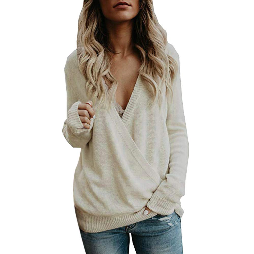 FABIURT Women's Sexy Deep V Neck Solid Color Sweatshirt - Long Sleeve Waffle Knit Pullover Top, Casual Blouse for Date Night & Fall Outfits