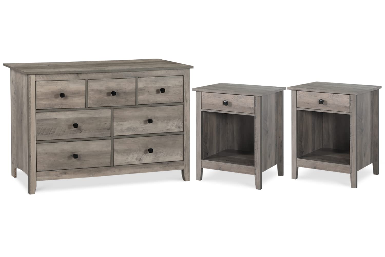Vikiullf 3-Piece Bedroom Dresser and Nightstand Set - 7-Drawer Wood Dresser & 1-Drawer Nightstands, Grey Wood Grain Finish - Perfect for Master Bedroom, Guest Room, and Apartment Furniture