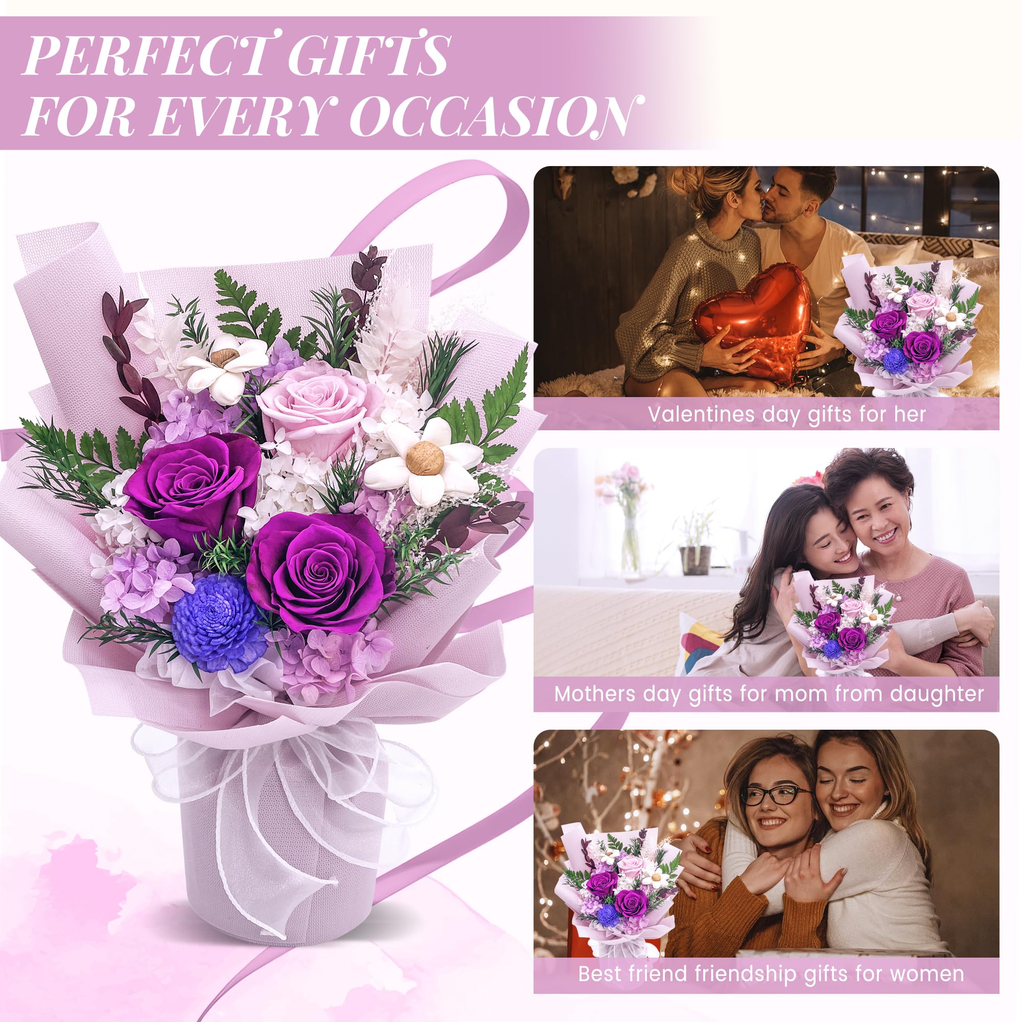 QOEAZY Preserved Rose Bouquet in Gift Box - Long Lasting Flowers for Delivery, Perfect Gift for Women, Mom, Grandma - Ideal for Birthdays, Anniversaries & Valentine's Day