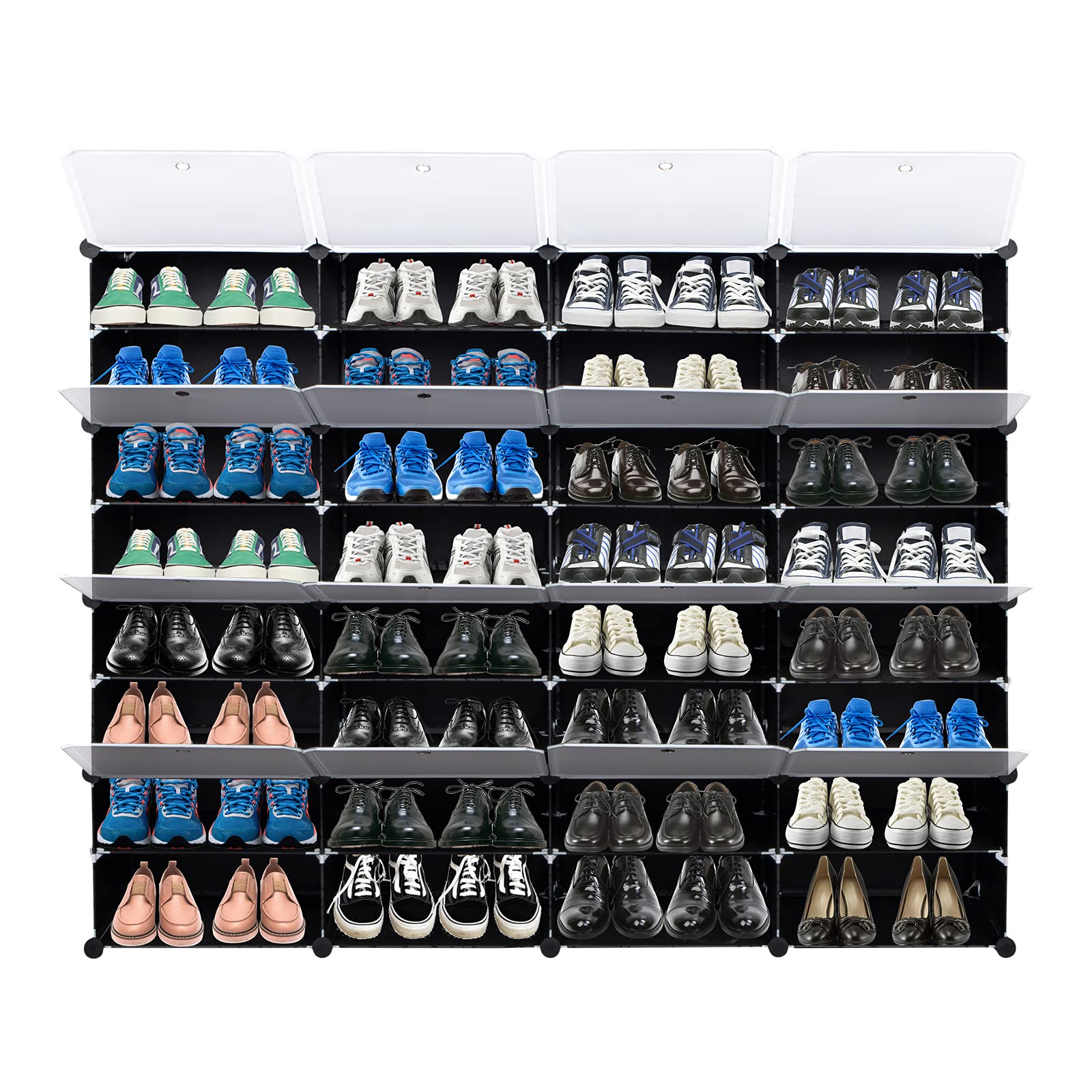 JYOSTORE 8-Tier Expandable Shoe Rack Organizer - Holds 64 Pairs, 32 Grids Space-Saving Tower Shelf for Heels, Boots & Slippers - Portable Closet Storage Cabinet for Bedroom, Entryway & Dorm (Black)