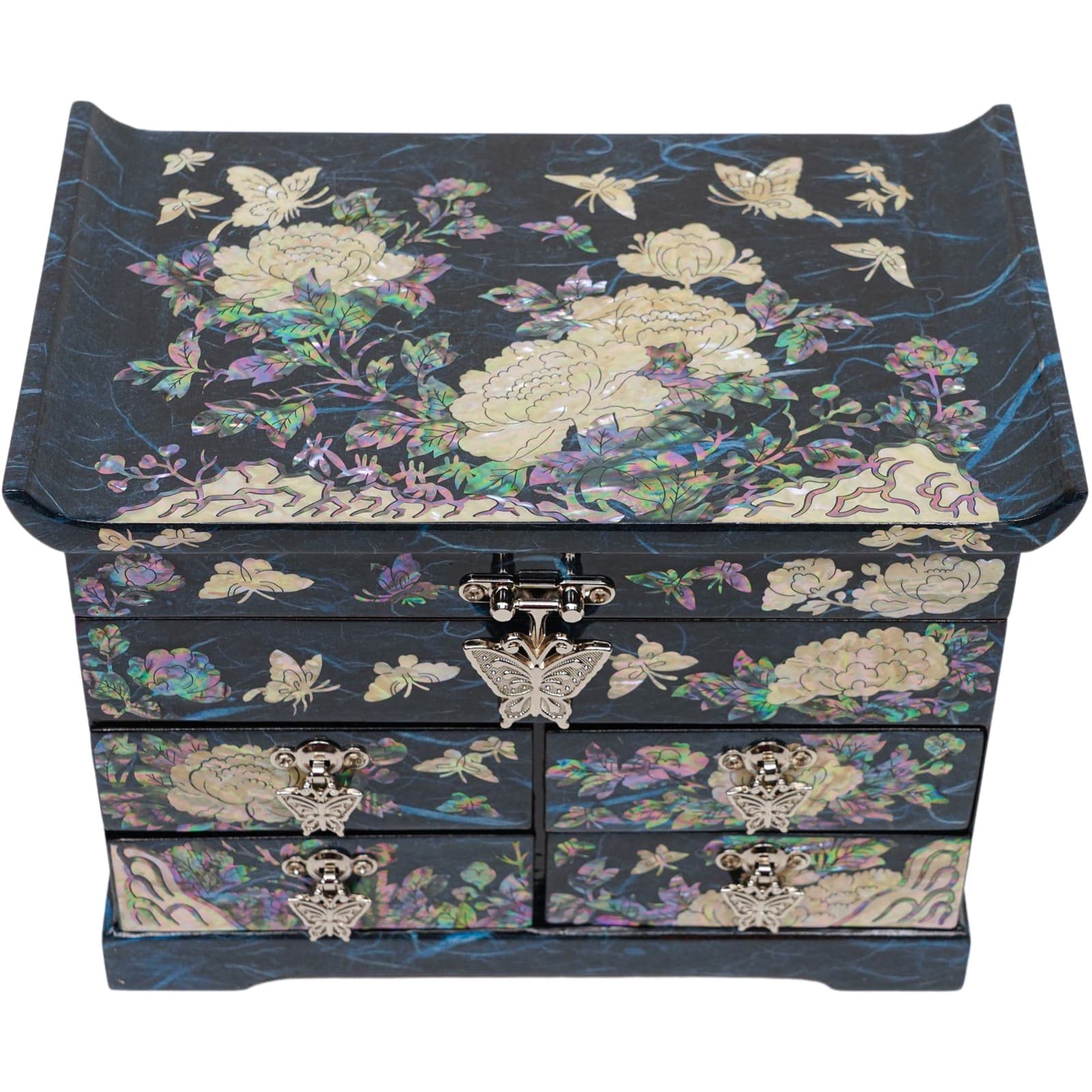 February Mountain Mother of Pearl Wooden Jewelry Organizer Box - Elegant Jewelry Storage for Women with Spacious Drawers, Perfect for Rings, Bracelets, Watches & Necklaces | Great for Bedroom Vanity, Dresser Top or Travel Jewelry Case (Peony Blue)