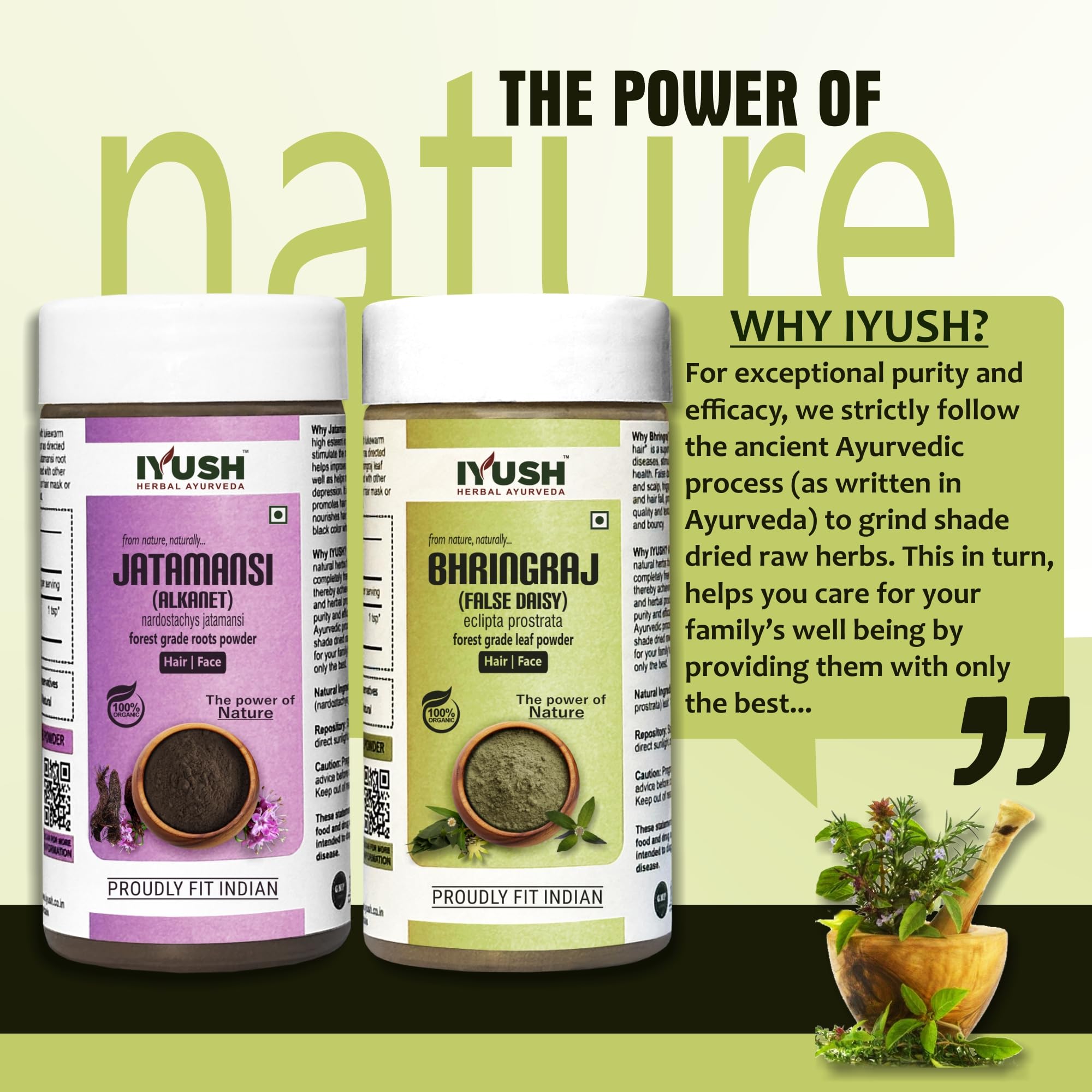 IYUSH Herbal Ayurveda Brahmi Bhringraj Powder – 200g | Natural Hair Growth & Scalp Treatment | Volumizing Hair Powder for Thicker Hair | Organic Ayurvedic Remedy for Skin & Hair Care | Perfect for Daily Hair Routine & Scalp Massage