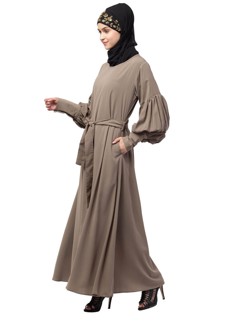 Elegant Arabic Long Cuff Full Balloon Sleeve Belted A-Line Abaya Dress in Khaki - Perfect for Modest Fashion, Islamic Prayer & Special Occasions