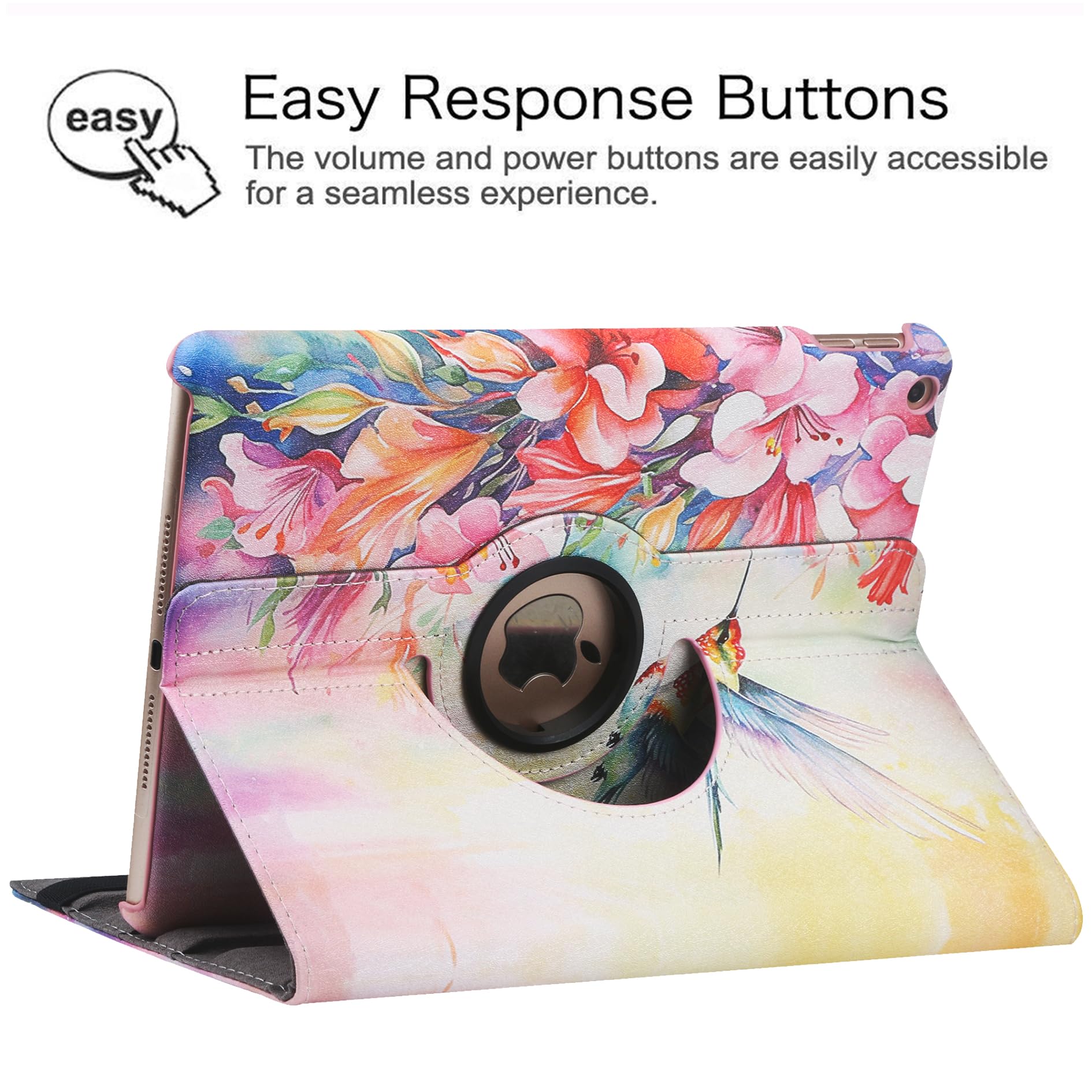 Premium 360° Rotating Stand Case for iPad 9.7 (6th/5th Gen 2018/2017), iPad Air 2 & iPad Air - Multi-Angle Viewing with Auto Sleep/Wake Feature | Perfect for Work, Study & Entertainment (Hummingbird Design)