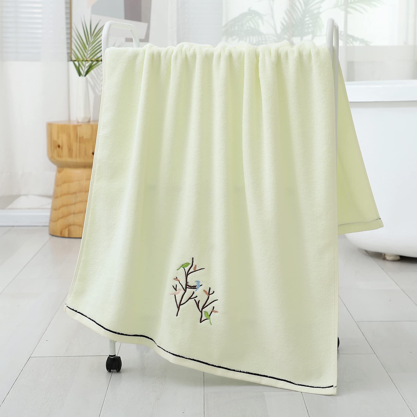 Premium 100% Cotton Embroidered Bird & Tree Bath Towel Set - Ultra Soft & Absorbent 27.6x55 Inch Decorative Bathroom Towels (Light Yellow) for Spa, Guest Bath & Luxury Home Decor