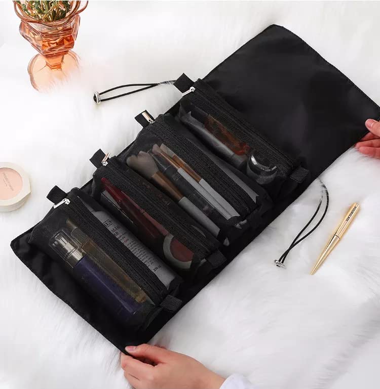 Luxula 4-in-1 Hanging Foldable Travel Cosmetic Organizer - Detachable Makeup Pouch & Toiletry Bag for Women (Black) | Perfect for Travel, Home Bathroom & Gym Organization