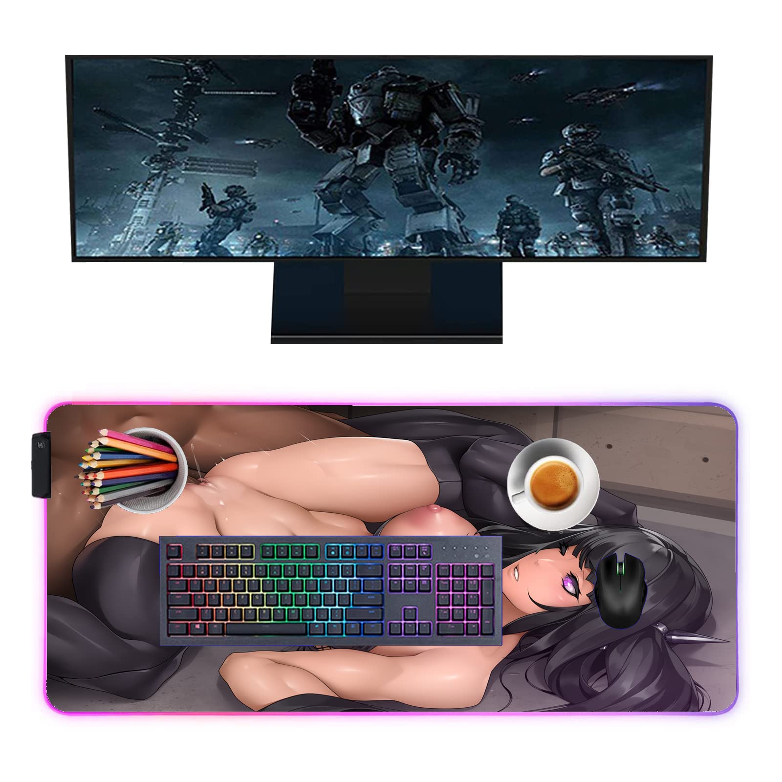 Anime Girl RGB LED Gaming Mouse Pad - 39.37 x 19.68 Inch Non-Slip Computer Mouse Mat with HD Print & Locking Edge for PC Gamers | Perfect for Gaming Setup, Office Work & Streaming Accessories