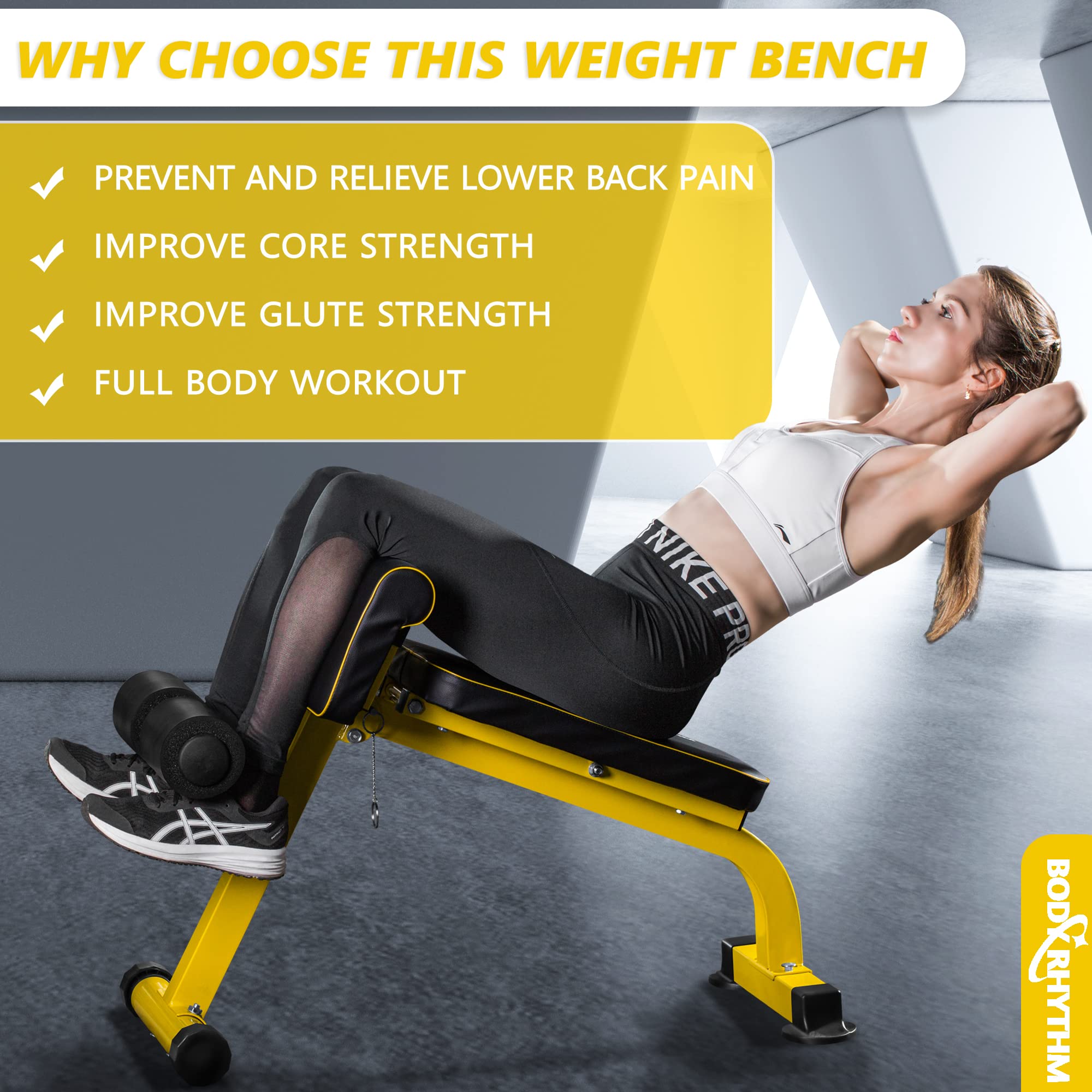 BODYRHYTHM Adjustable Weight Bench - Multifunctional Home Gym Equipment for Strength Training, Ab Workouts & Back Exercises | Foldable Design for Small Spaces | Perfect for Full Body Workouts, Sit-ups & Hyperextensions