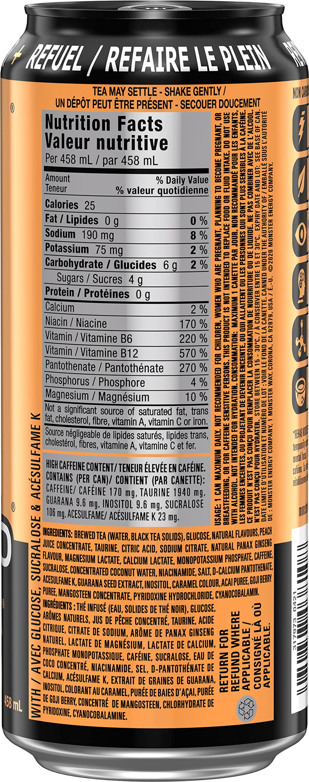 Monster Energy Rehab Peach Tea - 12 Pack of 458mL Cans | Refreshing Energy Drink for Workouts, Gaming & Outdoor Activities