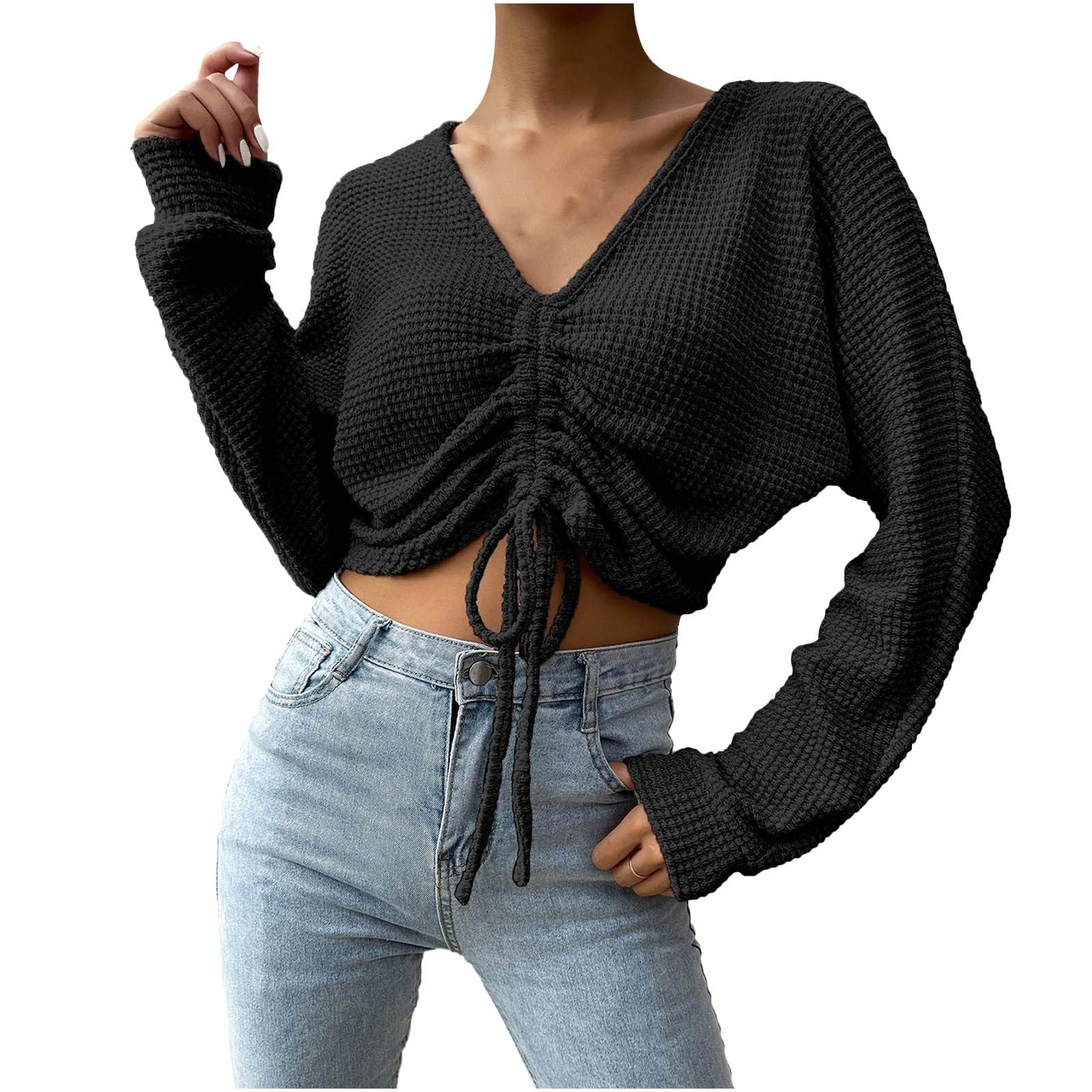 Women's Sexy V-Neck Waffle Knit Crop Sweater - Long Sleeve Ruched Pullover with Drawstring Front | Casual Outfits, Date Night, Fall Layering