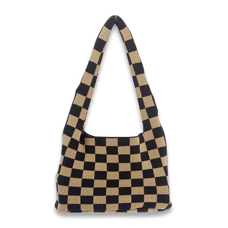 Knitted Wool Tote Bag for Women - Stylish Checkerboard Shoulder Bag with Check Stitching, Versatile Underarm Woven Purse | Perfect for Summer Outfits, Shopping, and Casual Daily Use