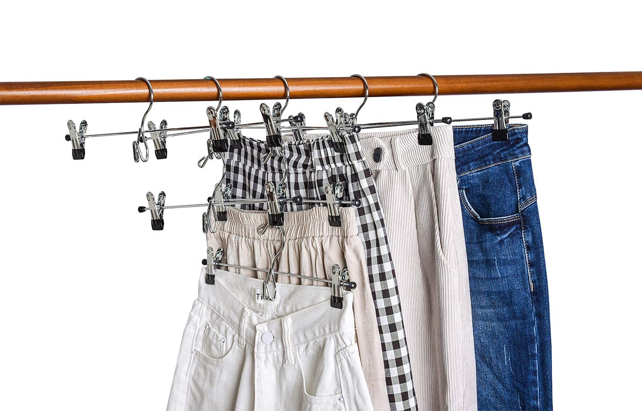 Amber Home 12 Pack Heavy Duty Stackable Metal Pants & Skirt Hangers with 2 Adjustable Clips - Space Saving Cascading Closet Organizer for Jeans, Slacks, Dresses - Perfect for Closet, Wardrobe & Laundry Room Organization