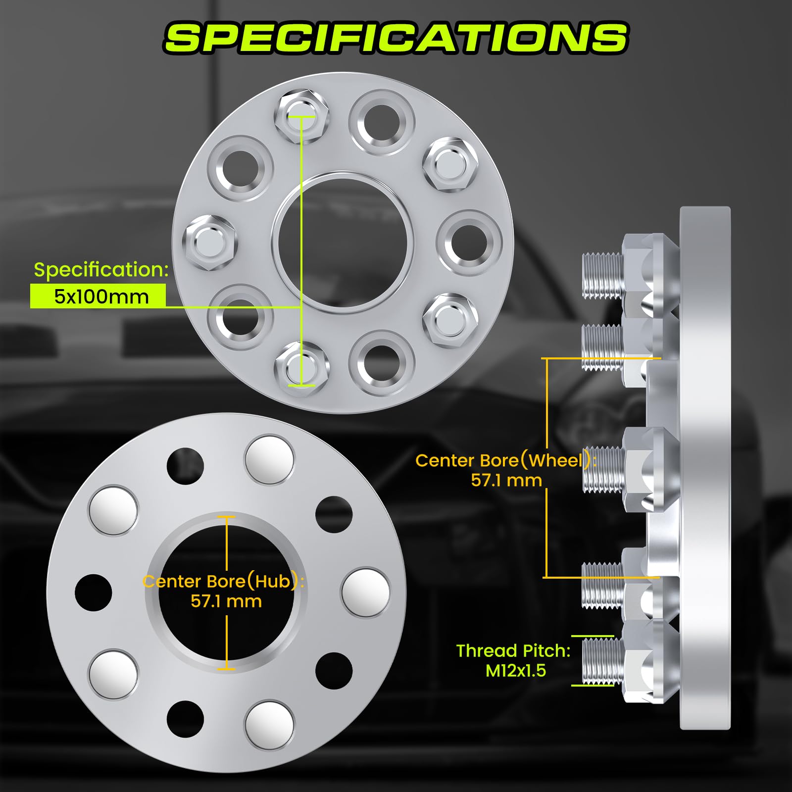 1 Inch (25mm) 5x100 Wheel Spacers Hubcentric - Compatible with PT Cruiser, Sunfire, Sebring, Grand Am, Cavalier, Century, Skylark & Strauts (Excluding RT) - 2pc Set 57.1mm M12x1.5 - Perfect for Enhanced Stance & Performance Upgrades