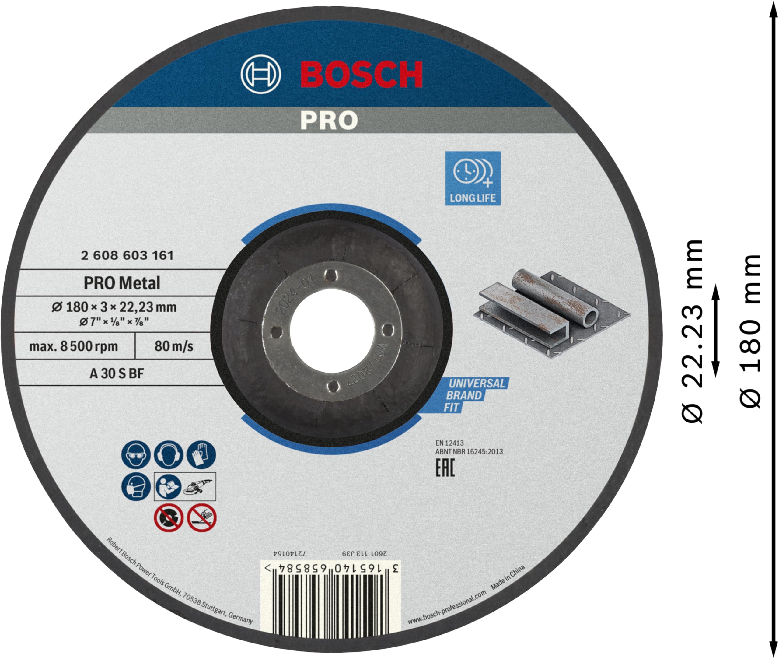 Bosch Professional 180mm Metal Cutting Disc - 3mm Thick, 22.23mm Arbor - Angle Grinder Accessory for Steel, Iron & Metalwork - Perfect for DIY Projects, Construction & Metal Fabrication