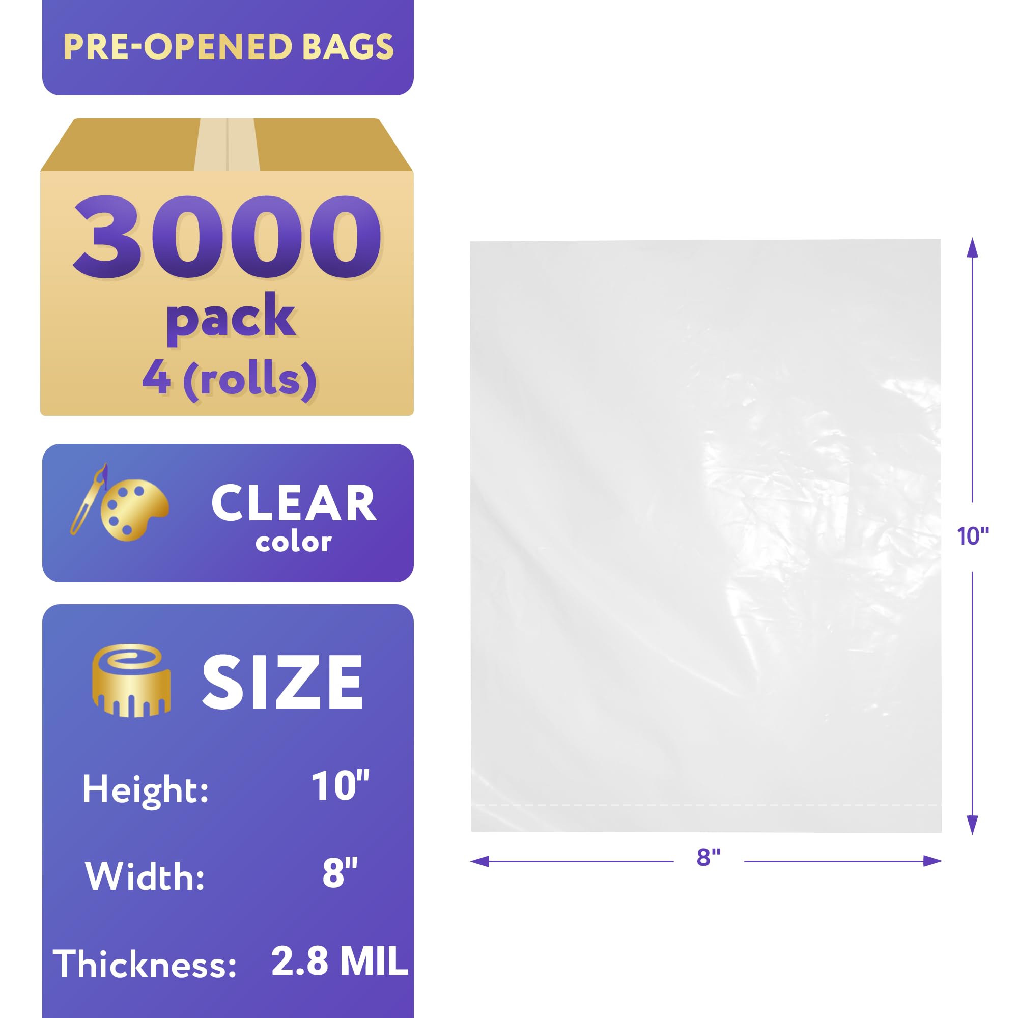 APQ 4 Rolls, 3000 Pre-Opened Heavy Duty 8x10 Poly Bags - 2.80 Mil Thickness for Packing, Storage & Food Service | Industrial, Retail & Shipping Supplies