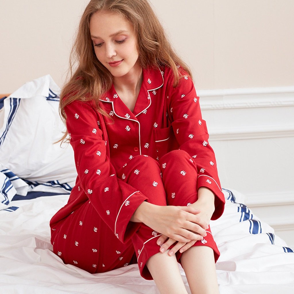 Spongebob Cotton Long Sleeve Couples Pajama Set - Red Wedding Sleepwear for Men & Women - Spring Autumn New Year's Holiday Matching Outfits (Size W155) | Perfect for Valentine's Day, Anniversary Gifts, and Romantic Getaways