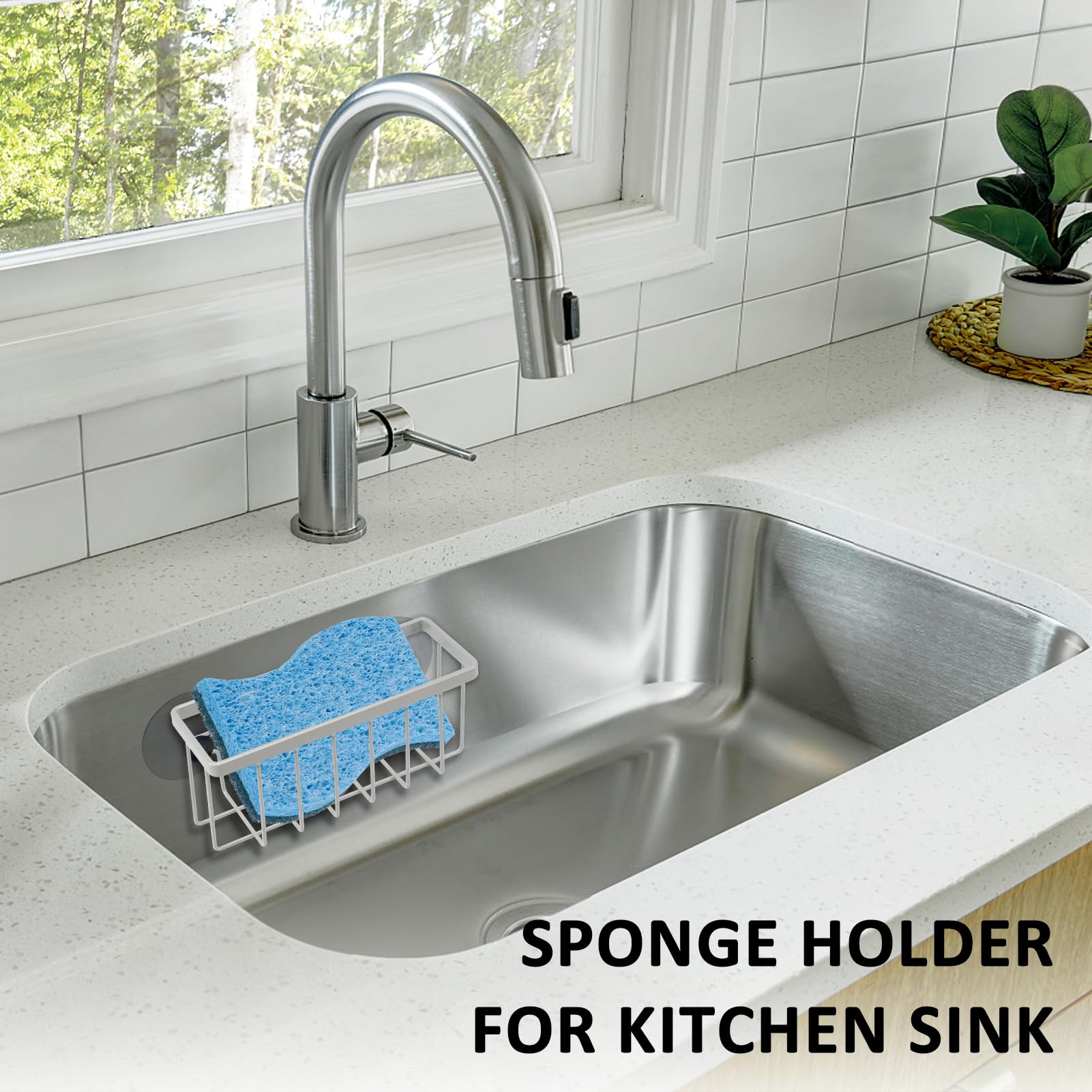 Stainless Steel Sponge Holder for Kitchen Sink - Durable Sink Caddy Organizer with Strong Suction Cups | Perfect for Dish Sponges, Scrubbers & Soap Bars - Keep Your Sink Area Clean & Tidy (Matte Silver)