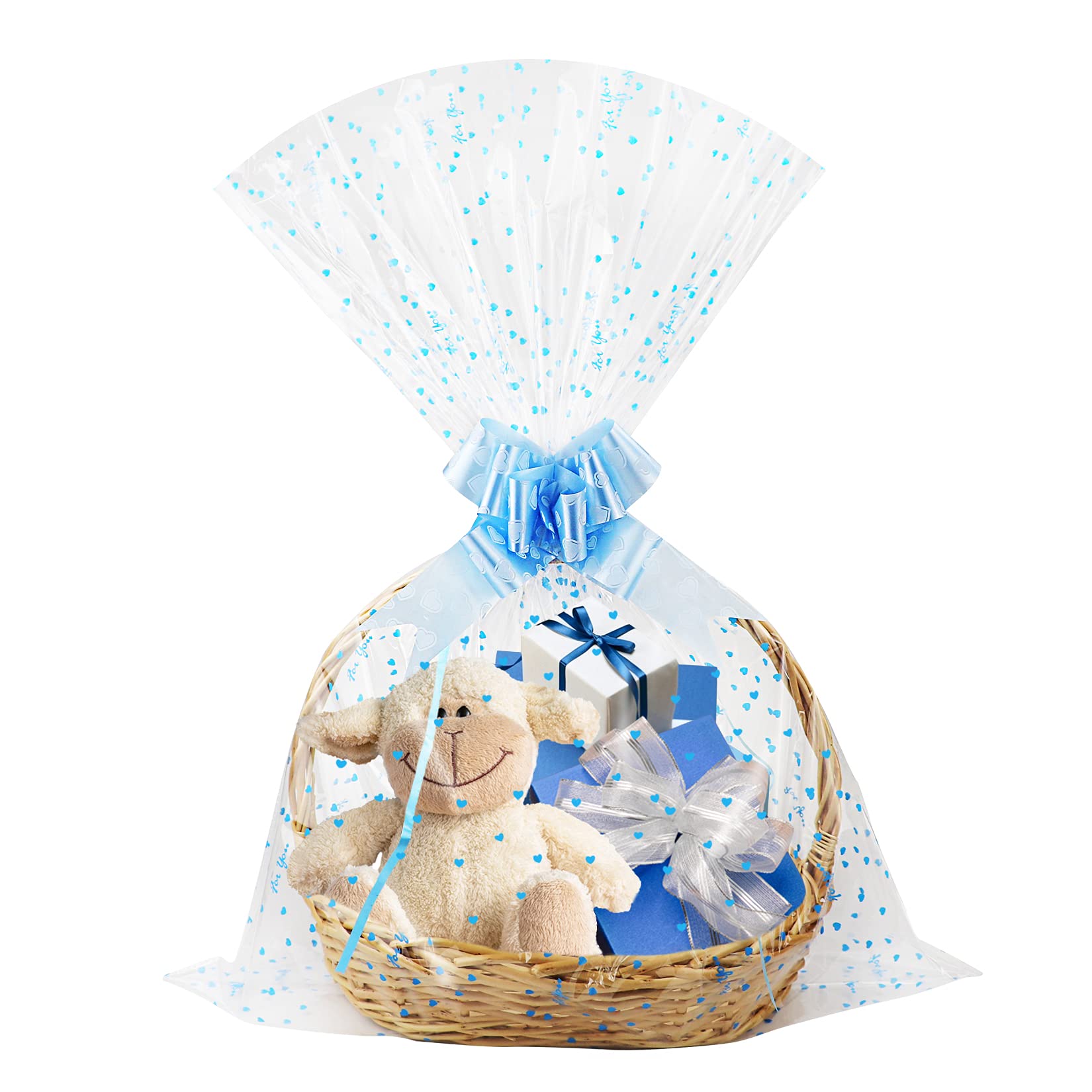 Yotelab Baby Shower Gift Bags - 10 Pack Large Blue Heart Cellophane Wrapping Bags 22x33 Inches for Baby Shower Favors, Gift Baskets & Party Decorations | Perfect for Baby Showers, Birthday Gifts & Wedding Favors