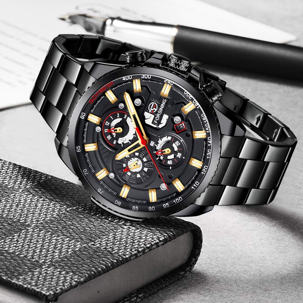Luxury Men's Automatic Skeleton Watch - Gold & Black Engraved Mechanical Wristwatch for Men | Formal Events, Business Meetings, Gifts