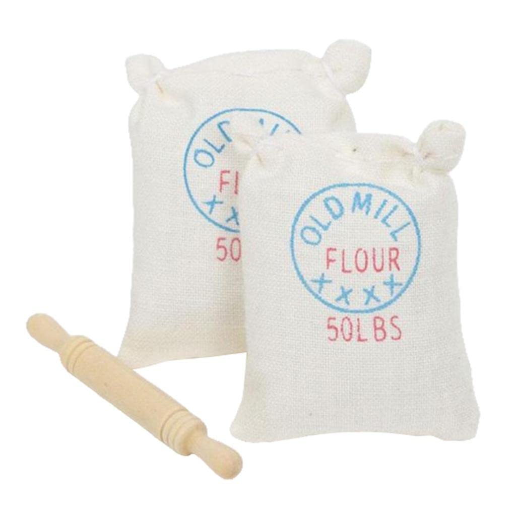 Almencla 1/12 Scale Miniature Dollhouse Kitchen Accessories - 2 Pack Flour Sack & Wooden Rolling Pin Set for Baking & Cooking | Perfect for Dollhouse Decor, Baking Simulation & Miniature Food Display