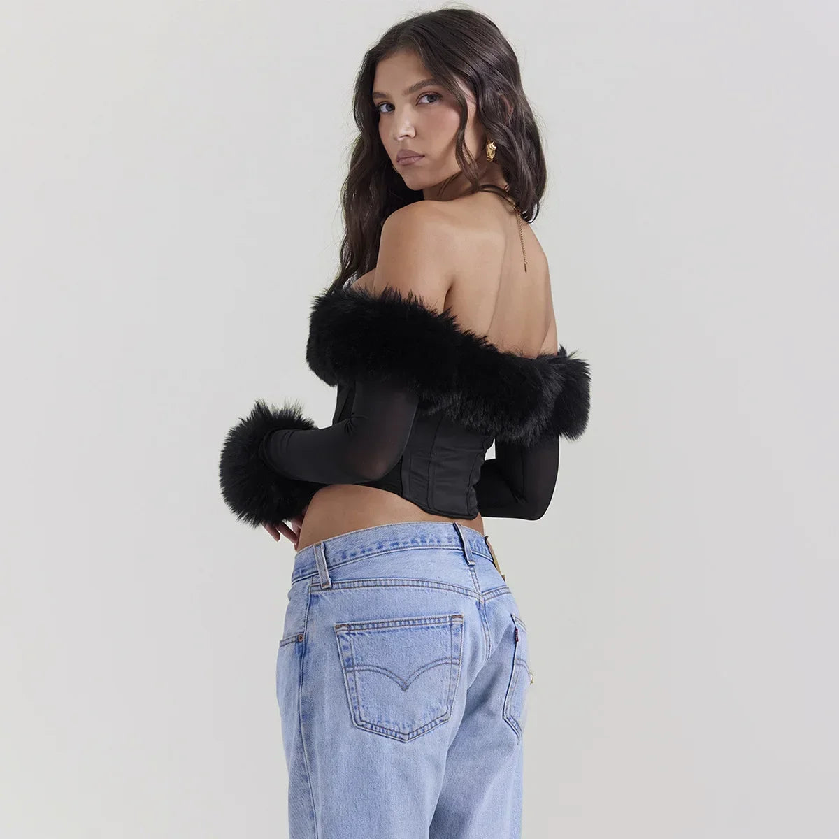 2023 Women's Detachable Fur Off-Shoulder Cropped Top - Sexy Black Long Sleeve Blouse for Autumn/Winter | Casual Party Wear, Date Night Outfit, Holiday Fashion