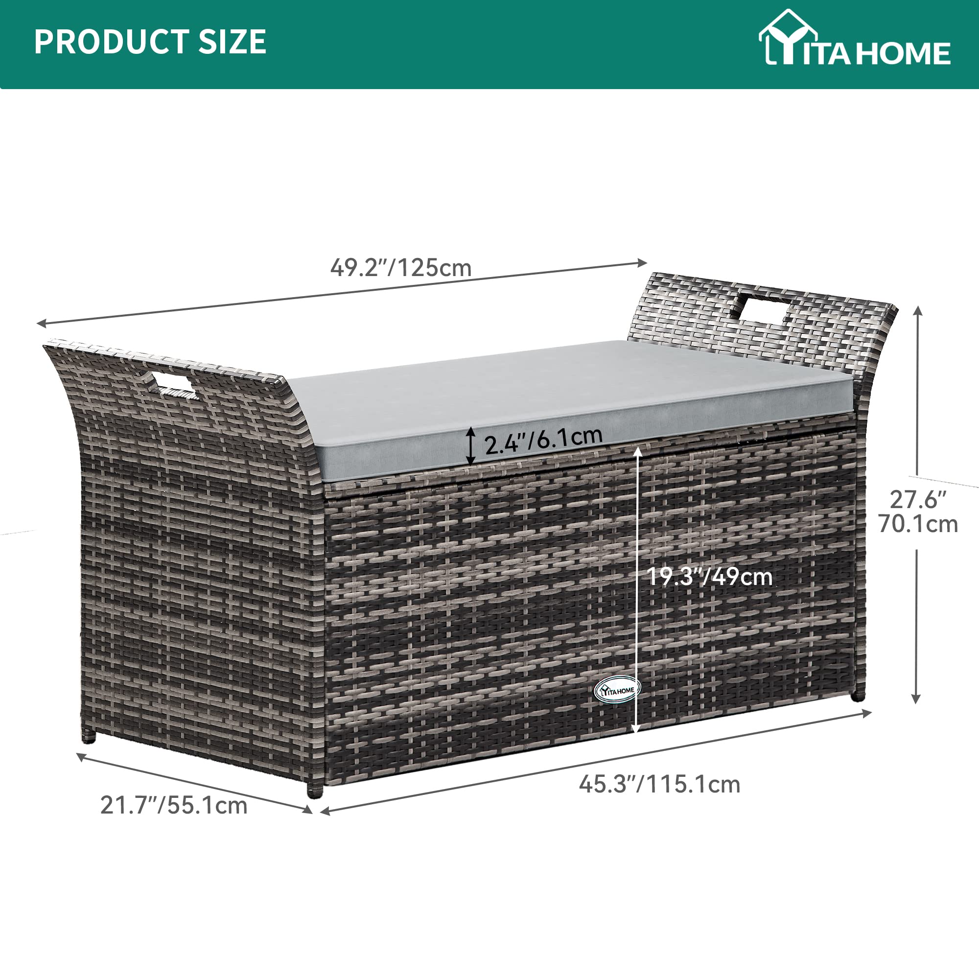 YITAHOME 90 Gallon Outdoor Wicker Storage Bench with Cushion - Large PE Rattan Deck Storage Box with Handles & Hydraulic Lid - Perfect for Patio Furniture, Cushions, Garden Tools, Pool & Sports Equipment - Light Gray - Ideal for Backyard, Deck, Poolside & Outdoor Storage Organization