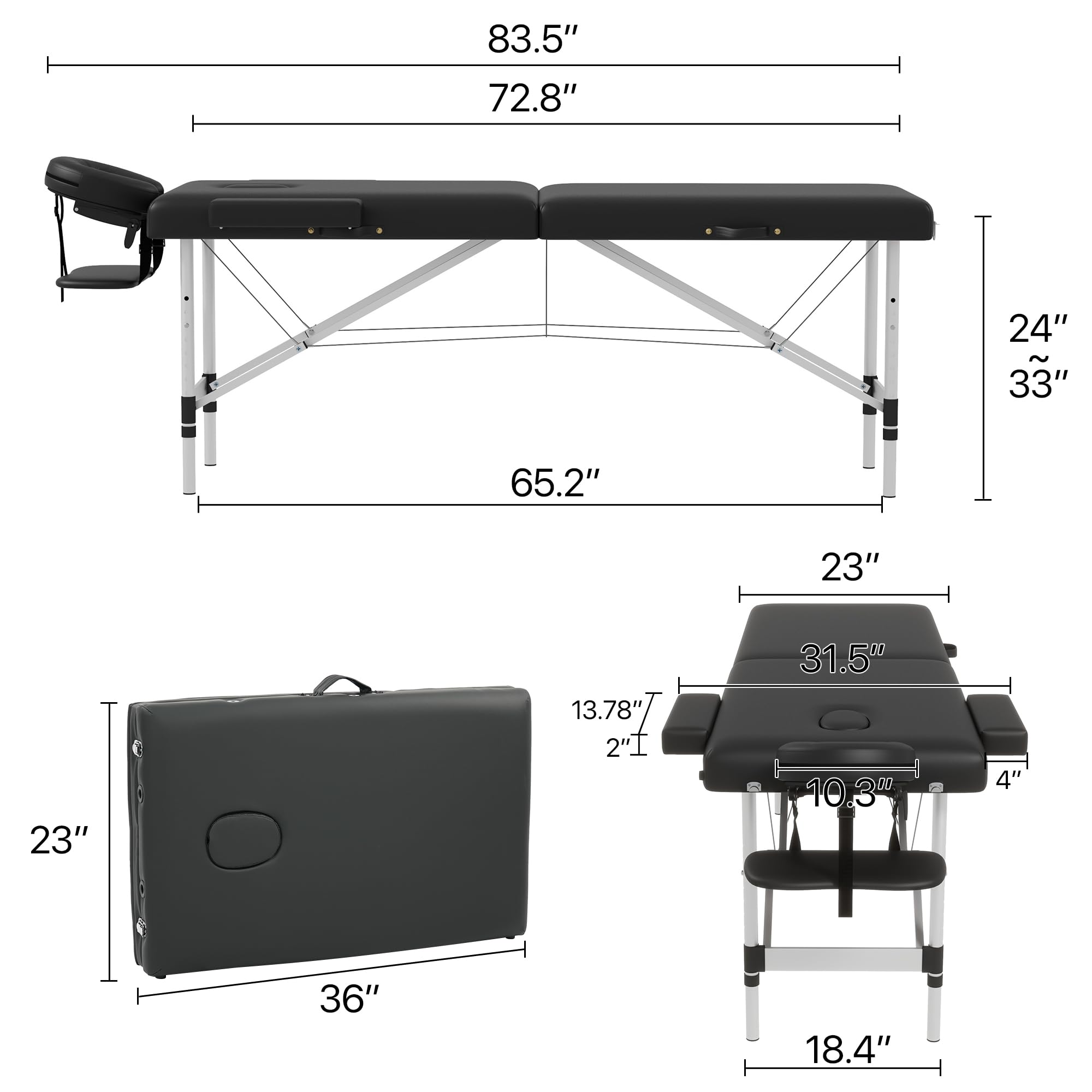 Portable 2-Section Foldable Massage Table - Adjustable Height Spa & Tattoo Bed with Face Cradle | Lightweight Aluminum Frame Salon Bed for Home, Facial & Lash Treatments | Perfect for Professional Therapists & Home Spa Use