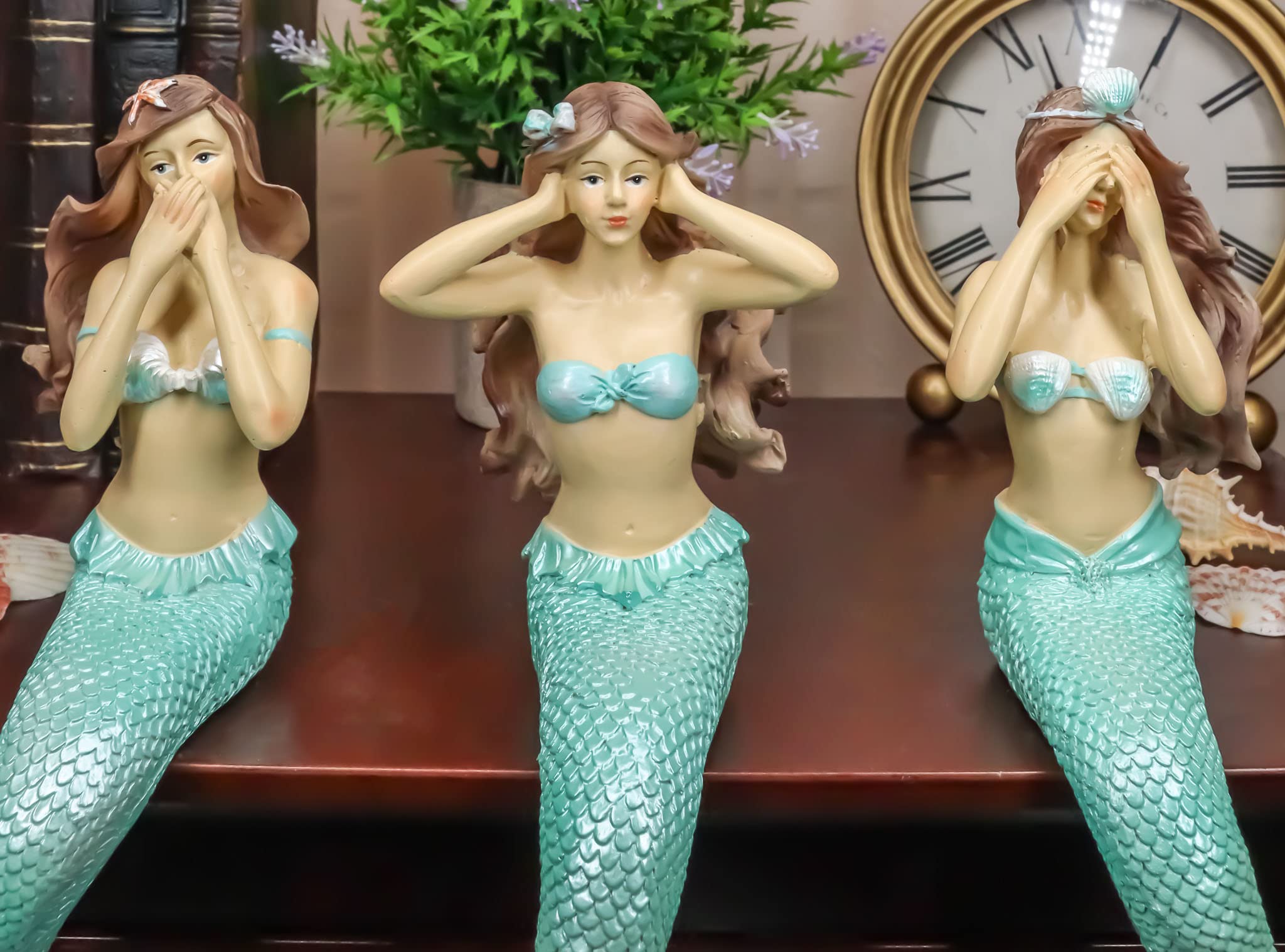Ebros Capiz Ocean See No Evil Hear No Evil Speak No Evil Mermaid Siren Shelf Sitter Figurine - 9.25
