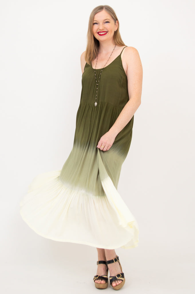 Boho Green Dip Dye Maxi Dress for Women - Flowy Summer Beach Dress for Vacation, Music Festivals & Outdoor Events