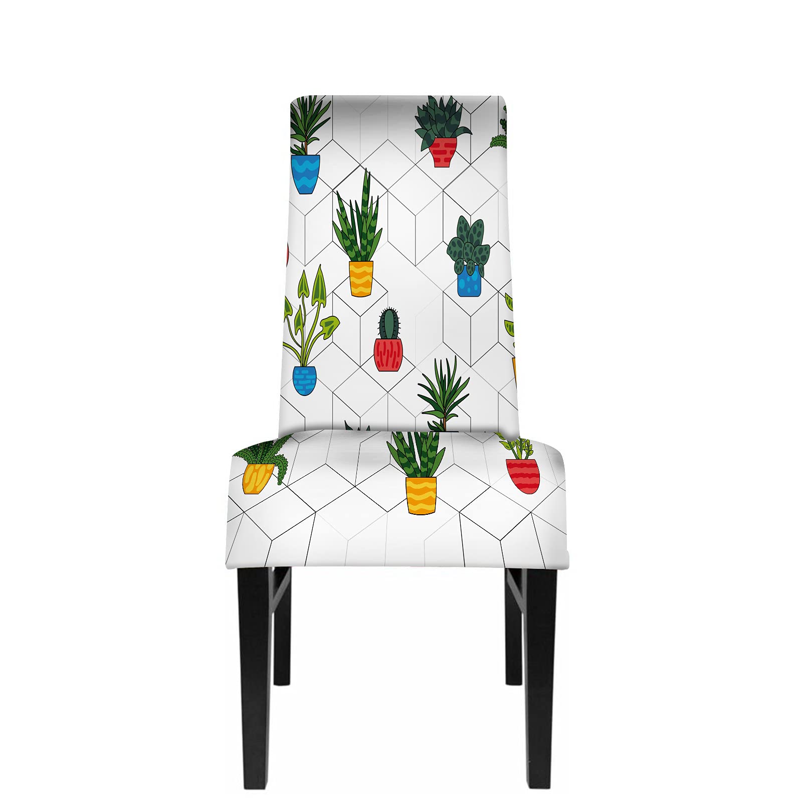 WONDERTIFY Stretch Slipcovers for Dining Chairs - Colorful Geometric Cube Pattern Indoor Plant Pot Design - Washable Chair Protector Covers for Home, Banquet & Office Decor | Perfect for Dining Rooms, Living Areas & Event Spaces