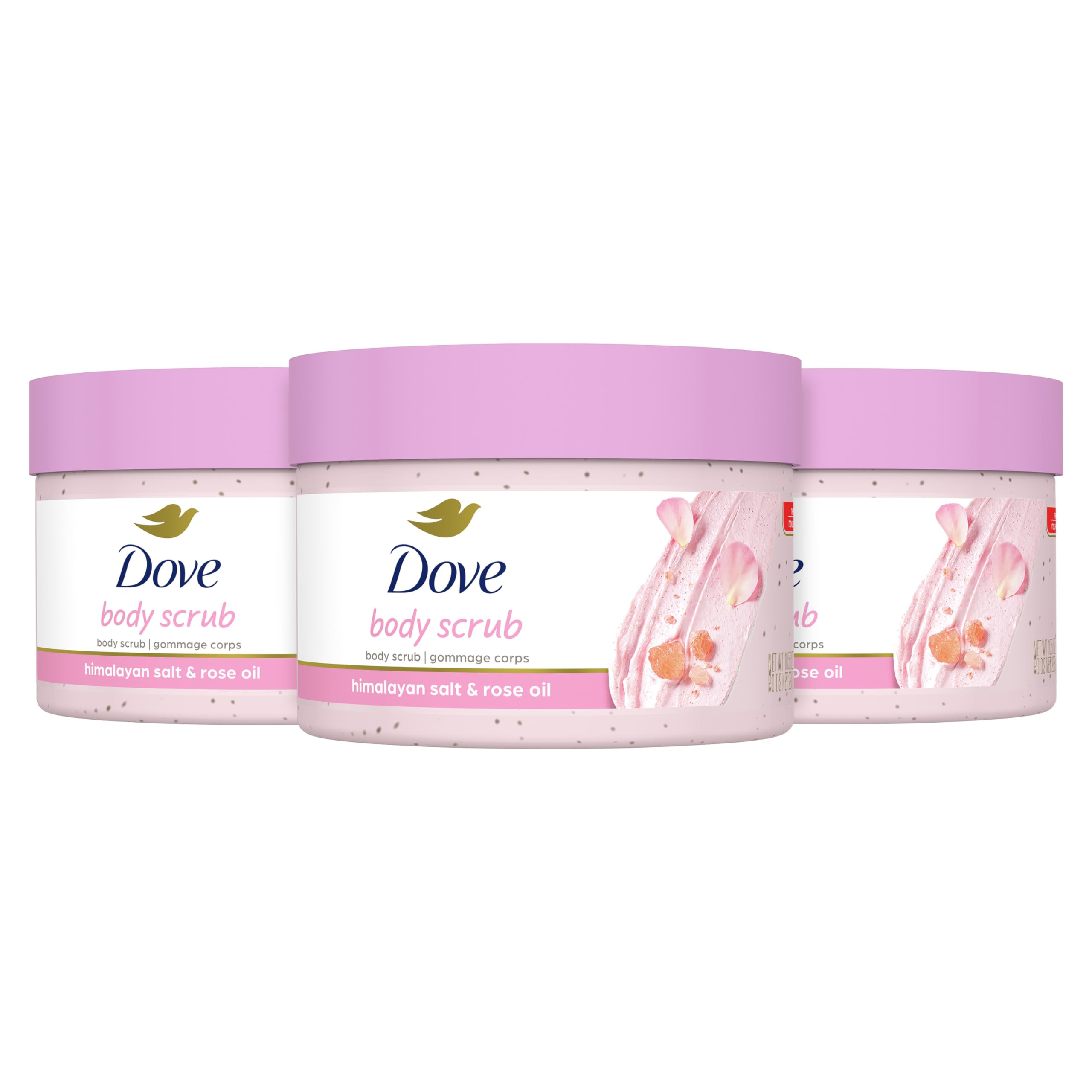 Dove Body Wash 4-Pack with Renewing Peony & Rose Oil + Body Scrub 3-Pack with Himalayan Salt & Rose Oil - Hydrating & Exfoliating Shower Set for Soft, Smooth Skin - Perfect for Daily Use & Self-Care Routine