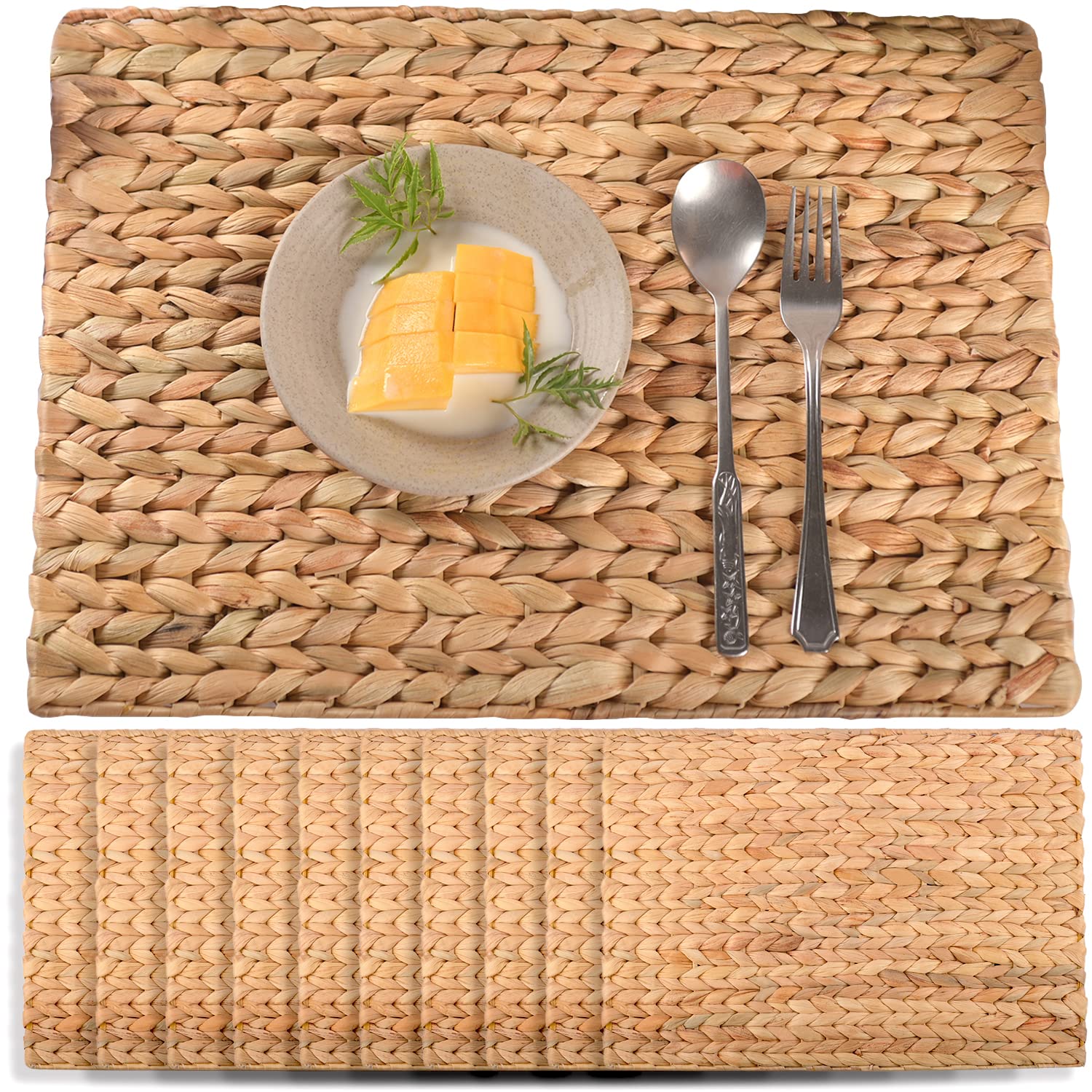 SOKFARM 10-Pack Boho Woven Placemats - 17x12 Inch Rectangle Water Hyacinth Wicker Placemats for Dining Table | Natural Fiber Table Mats for Farmhouse, Coastal & Bohemian Decor | Perfect for Everyday Meals, Dinner Parties & Holiday Gatherings