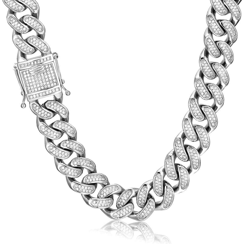 20mm Iced Out Cuban Link Chain - Stainless Steel Hip Hop Jewelry with 5A+ Cubic Zirconia VVS Prong Setting | Diamond-Like Necklace & Bracelet for Men & Women | Perfect Birthday Gift for Rappers & Fashion Lovers (Night Out, Concert, Special Occasion)