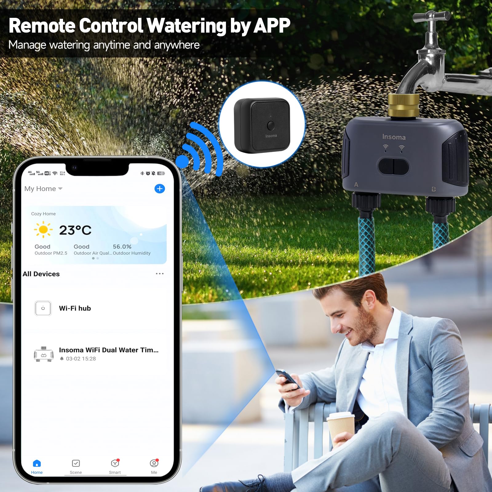 Smart WiFi Hose Timer with Brass Swivel - 2 Zone Automatic Water Timer for Garden, Lawn & Sprinkler System | 20 Custom Watering Schedules, APP & Voice Control (Alexa/Google Assistant) | Perfect for Outdoor Irrigation, Yard Maintenance & Smart Home Automation